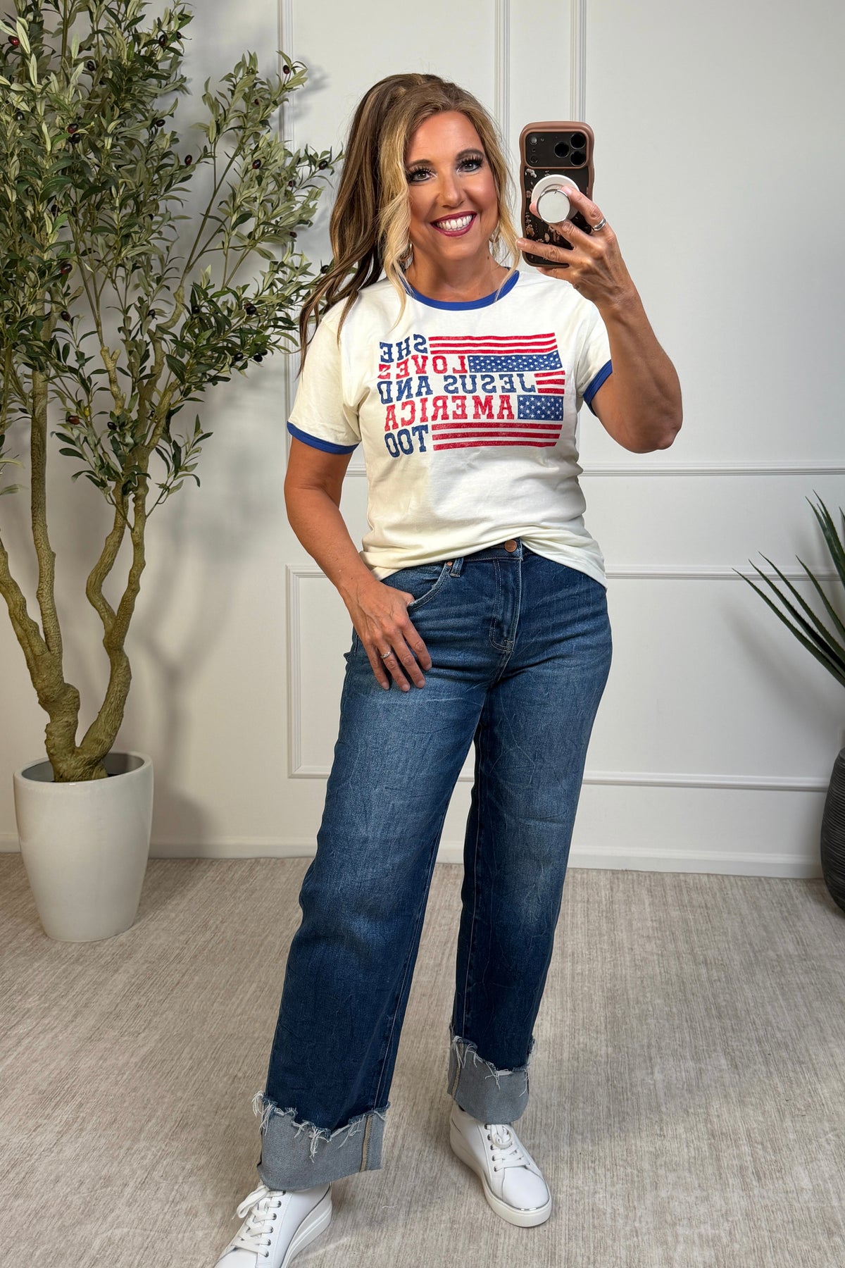 Gracey She Loves Jesus and America Too Graphic Top : Natural