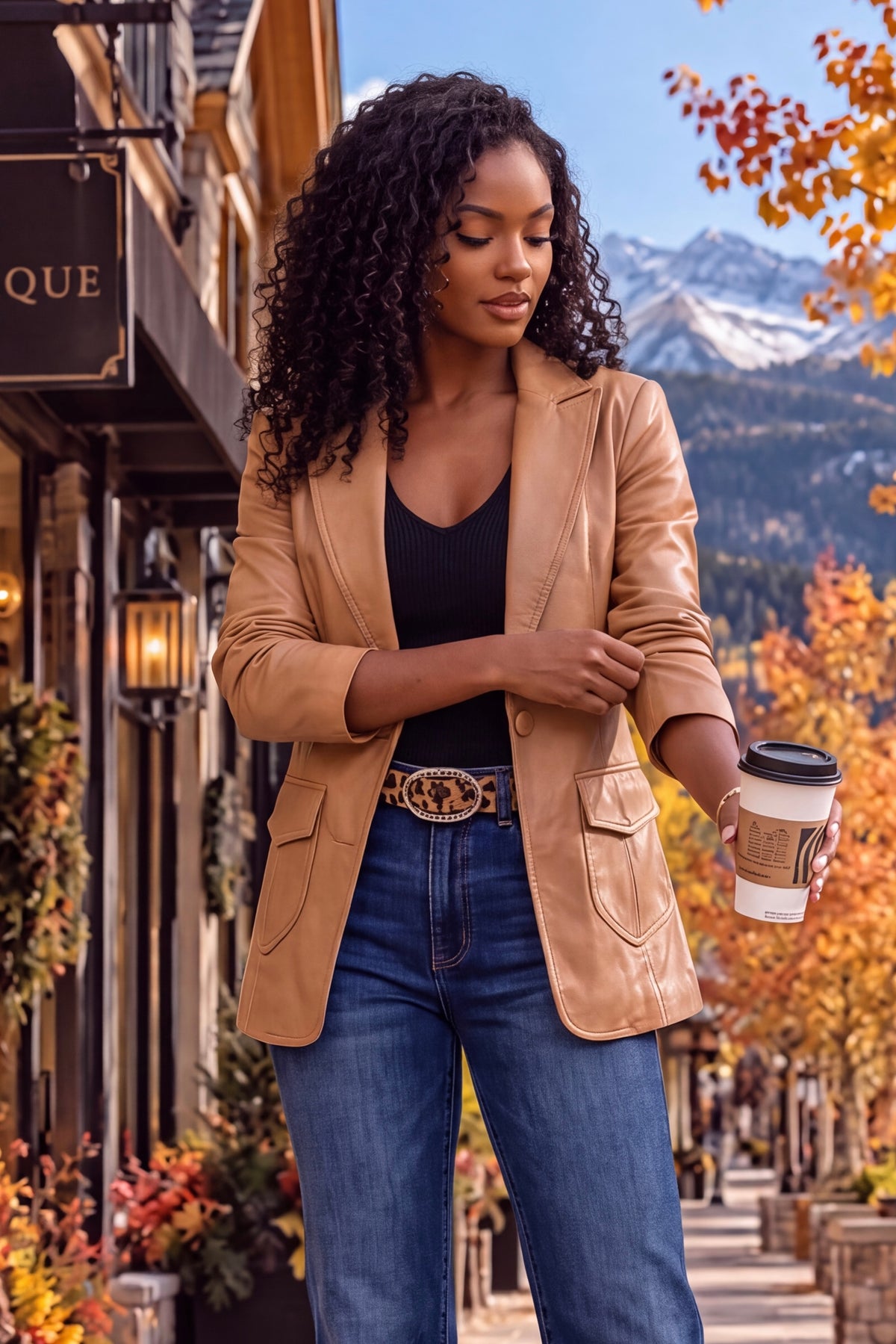 Alani Ruched Sleeve Faux Leather Blazer : Tan