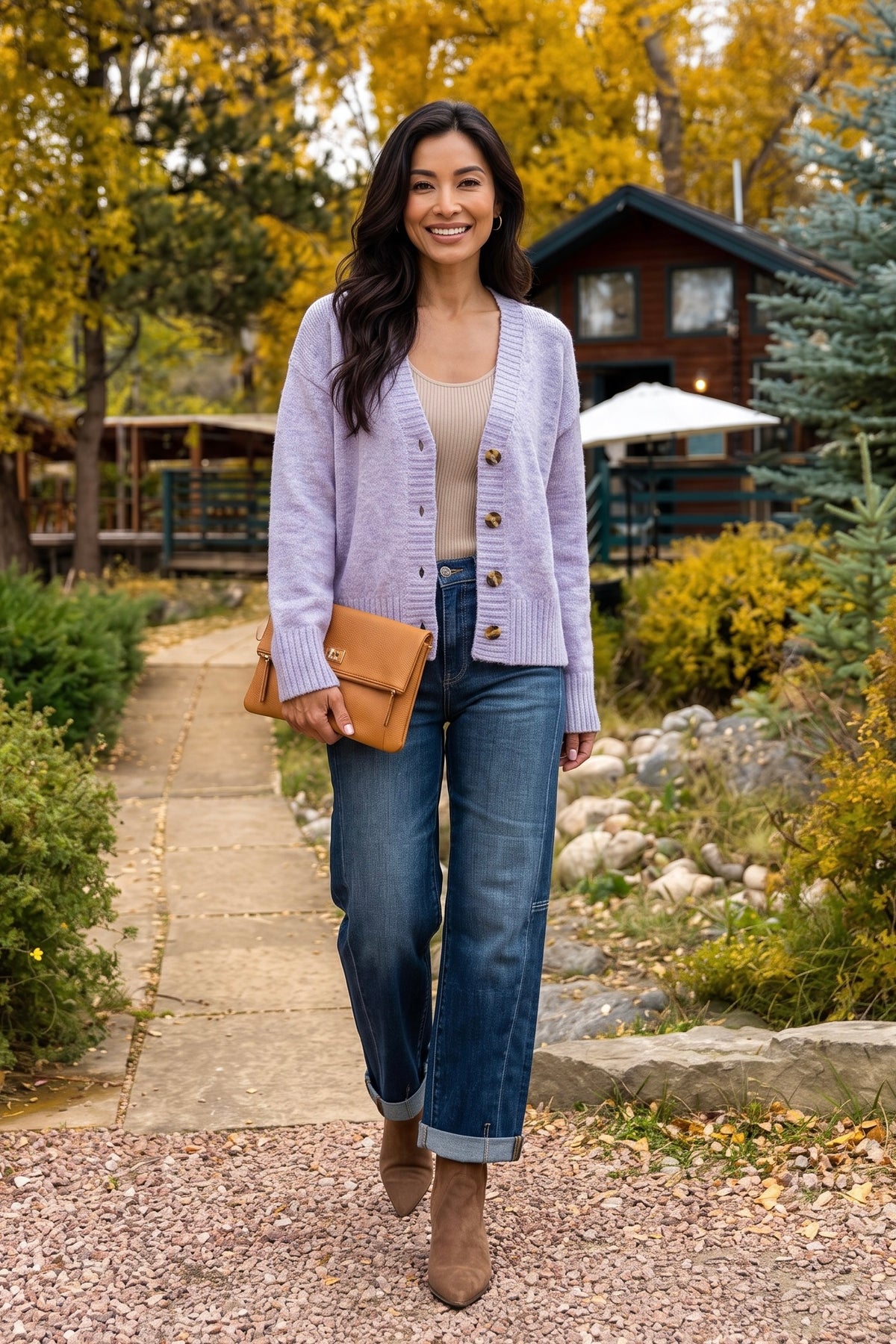 Langley Folded Cuffs Sweater Cardigan : Lavender