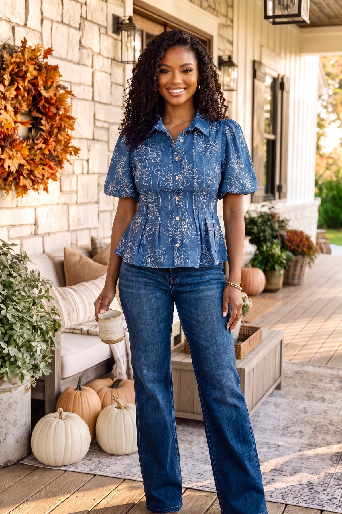 Camellia Floral Embroidered Top : Denim Blue