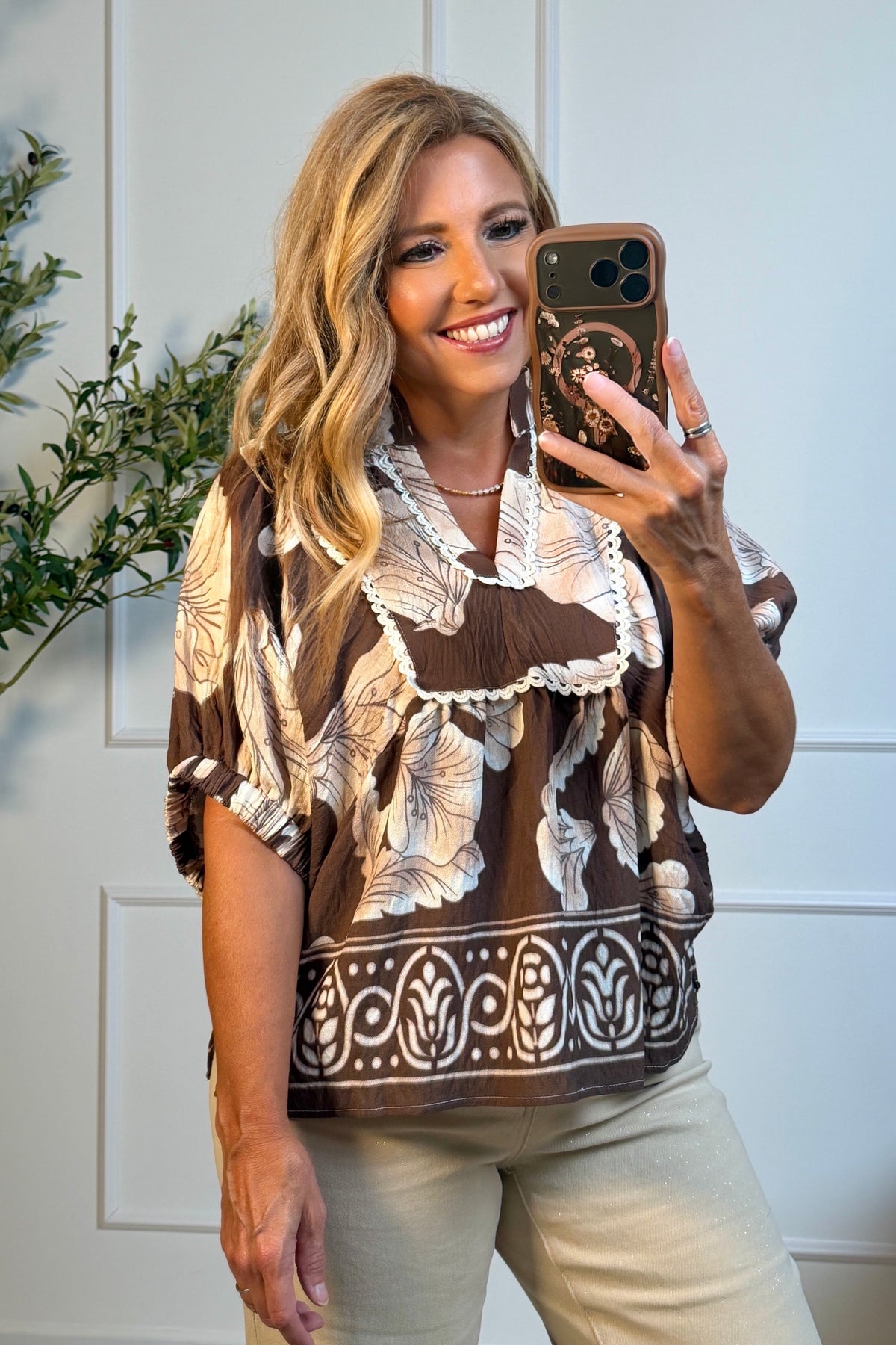 Lindley Floral V-Neck Top : Brown