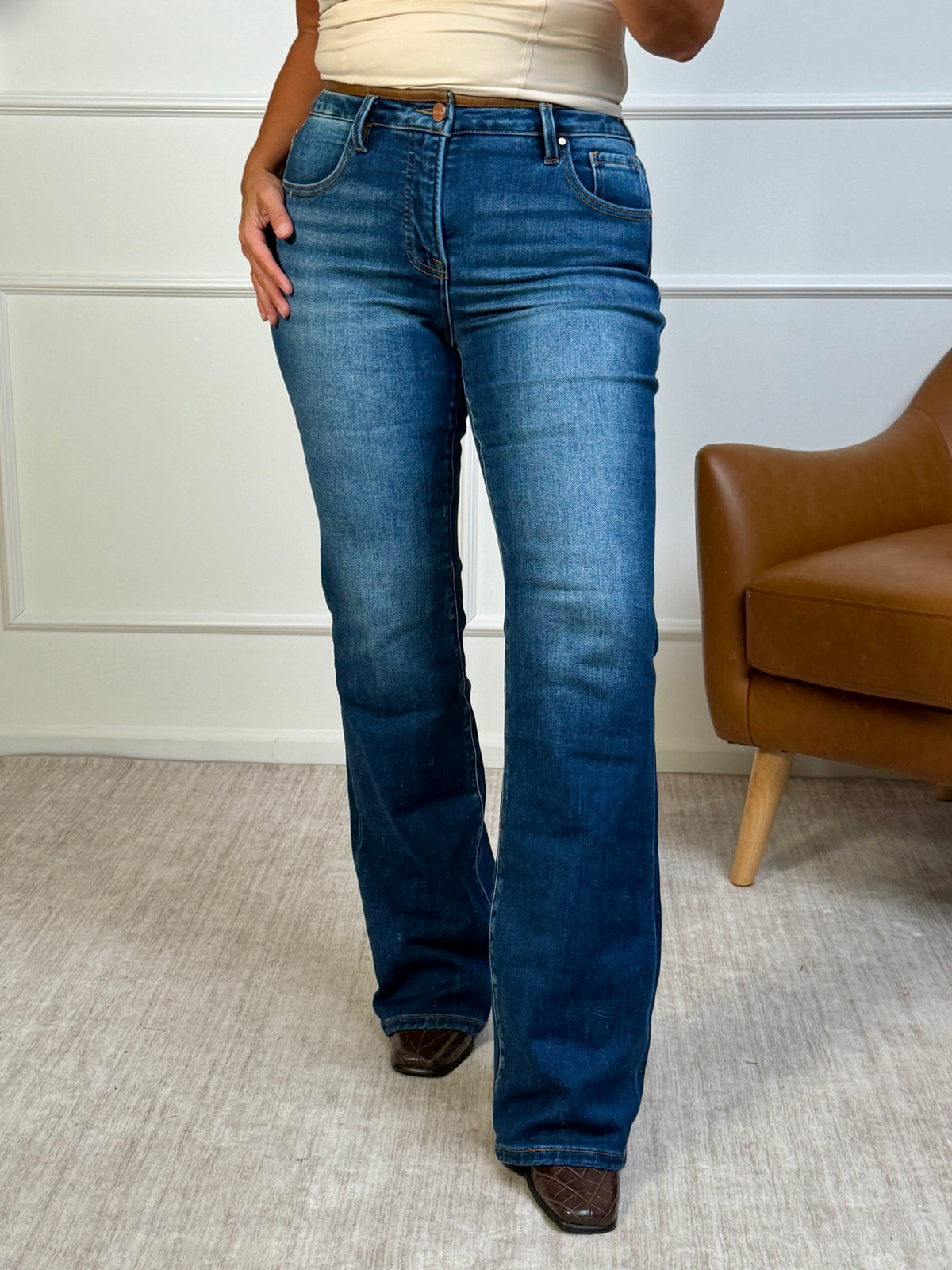 Risen Kerensa Mid Rise Brown Detail Bootcut Jeans : Dark