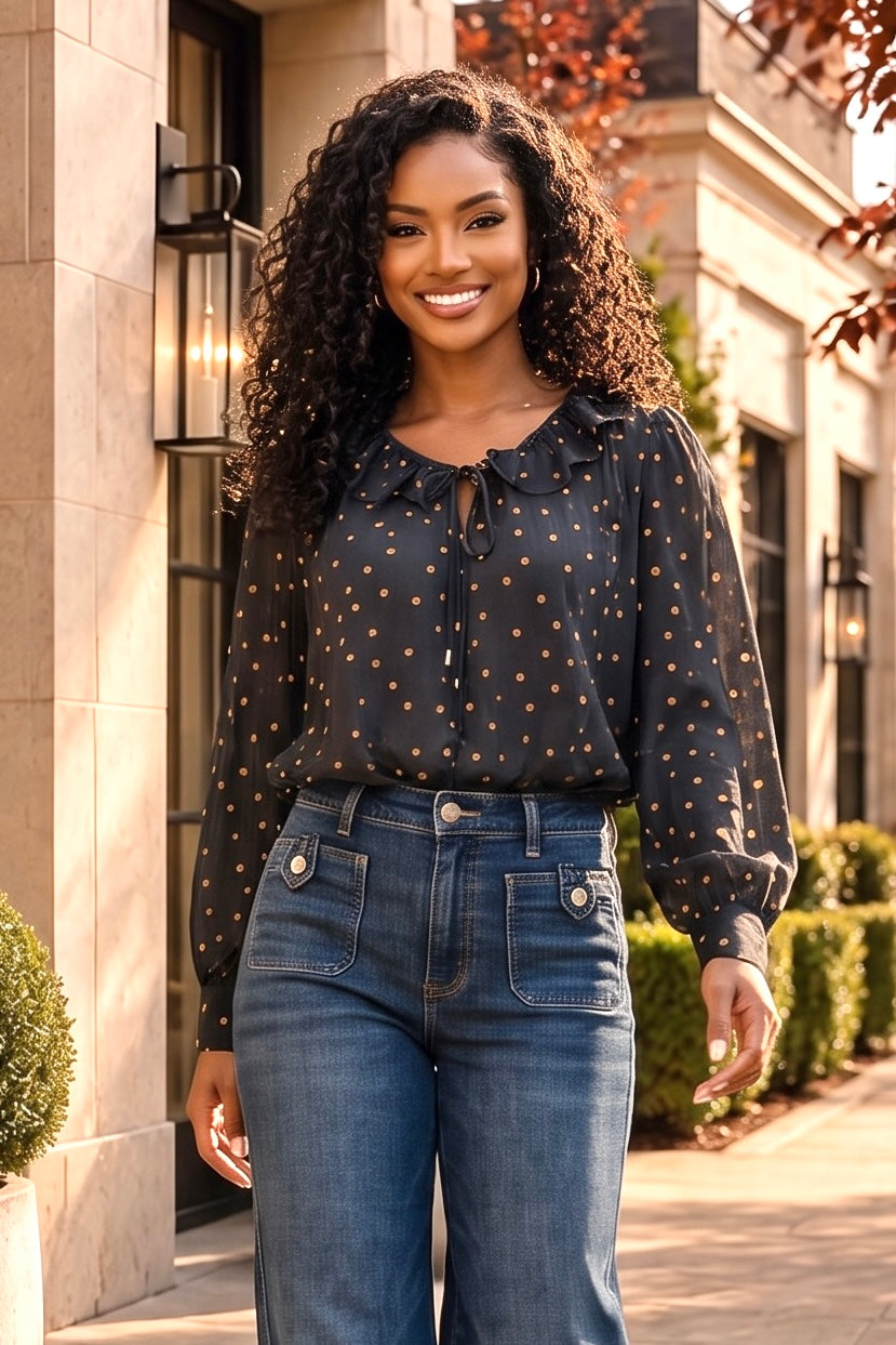 Carla Tie Front Long Sleeve Top : Ash Black