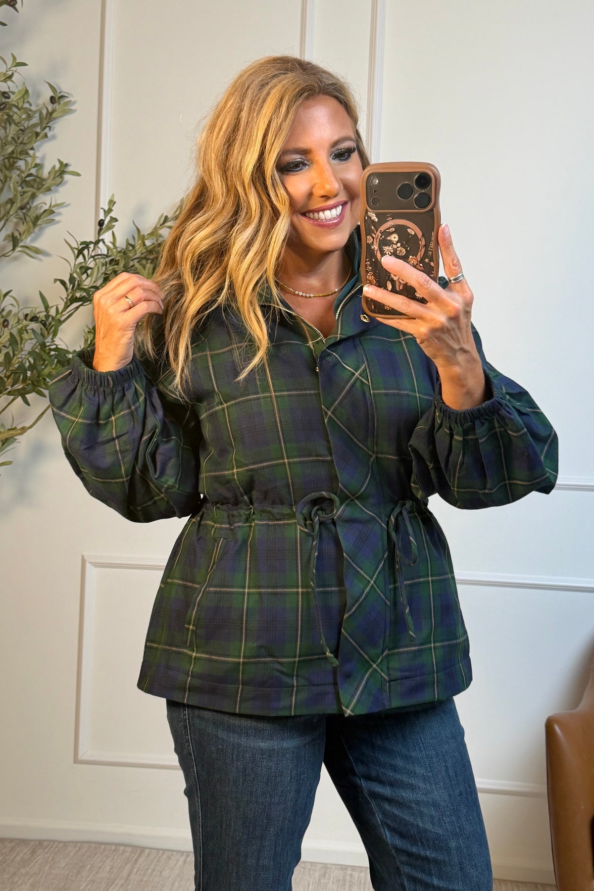 Lenore Zip Front Plaid Jacket : Green/Navy