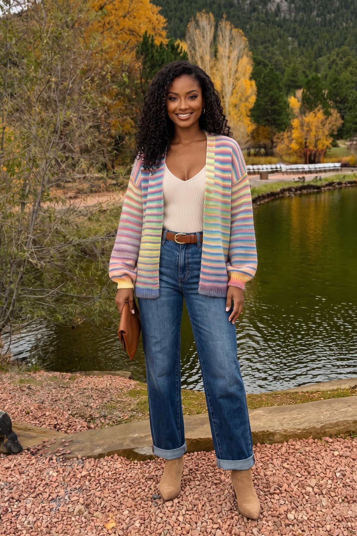 Georgette Striped Open Front Sweater Cardigan : Rainbow
