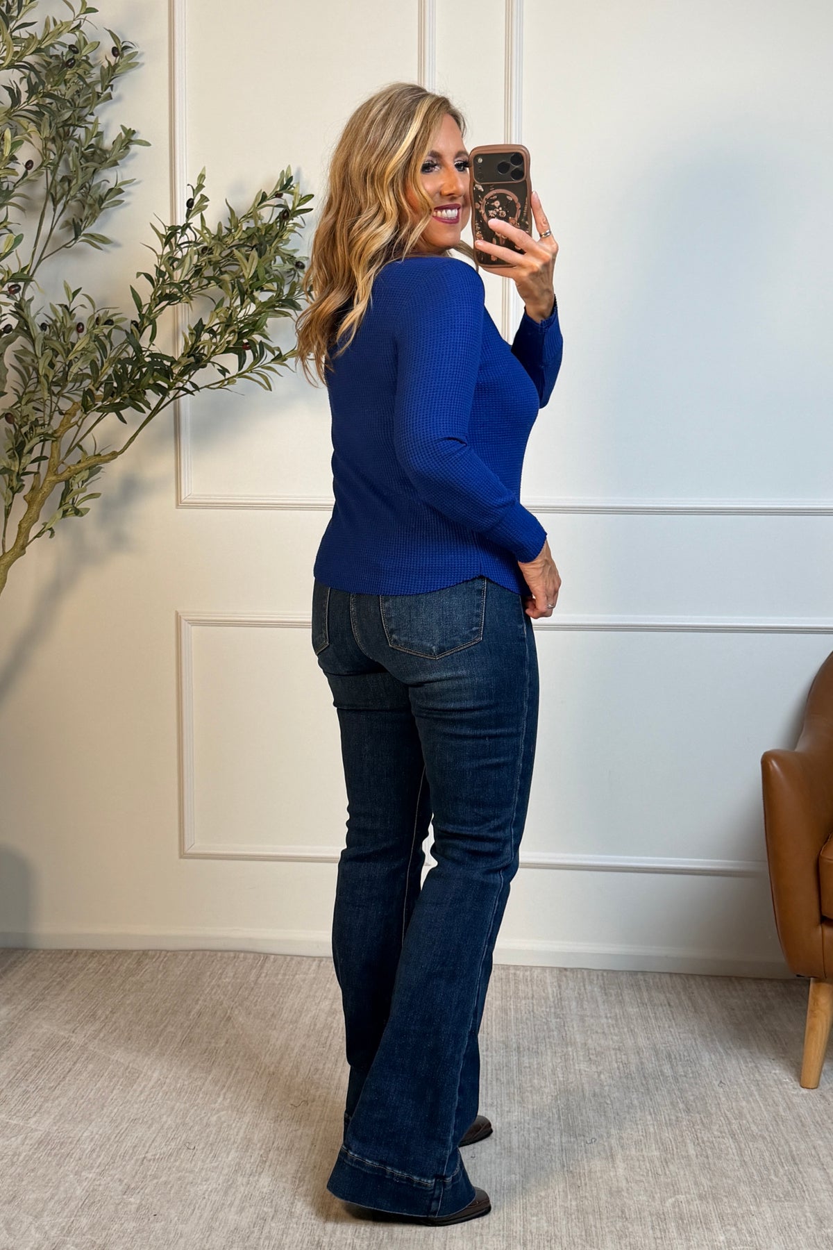 Tribal Skai Waffle Knit Long Sleeve Top : Electric Blue
