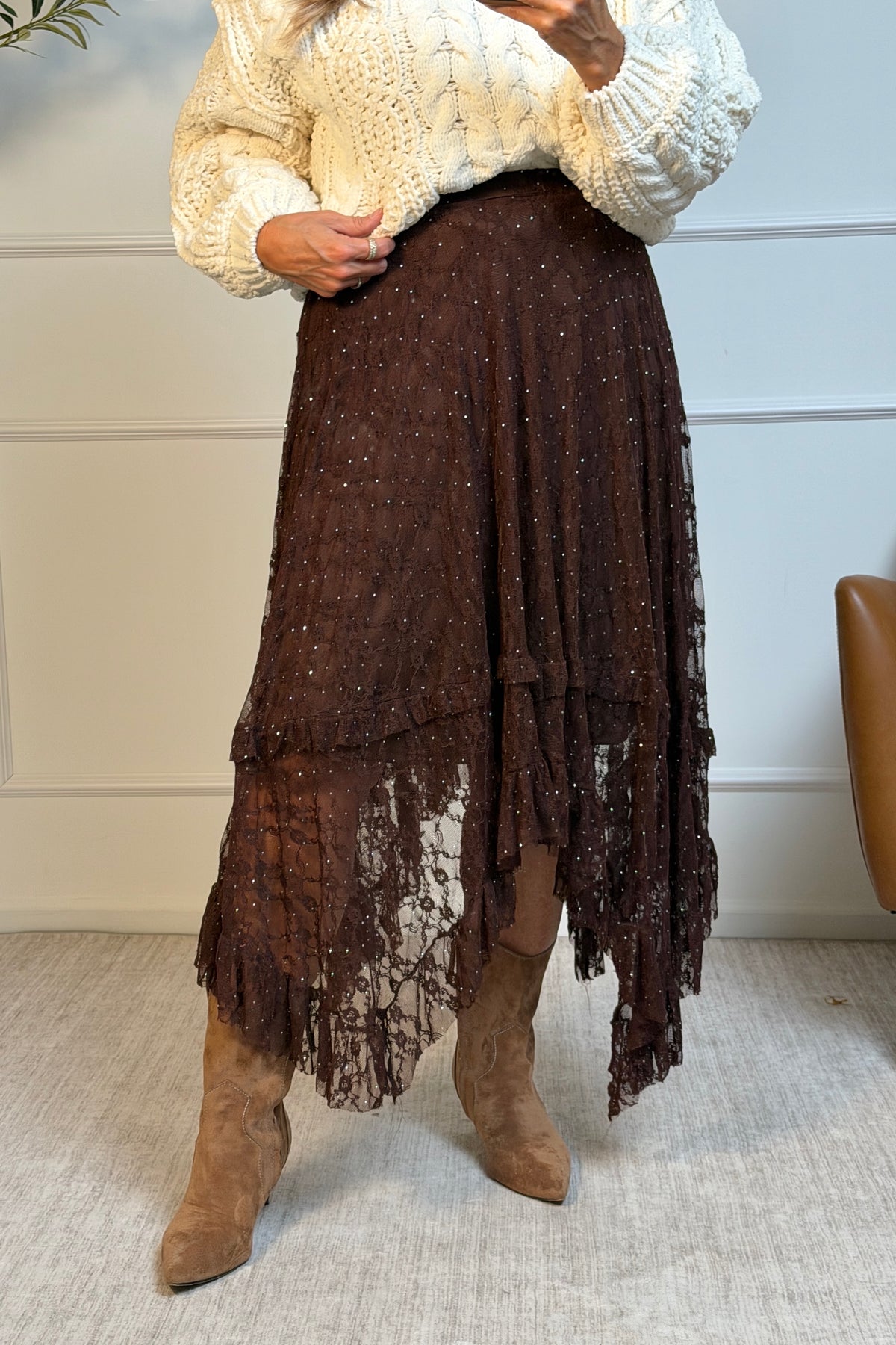 Nina Tiered All Lace Skirt : Brown