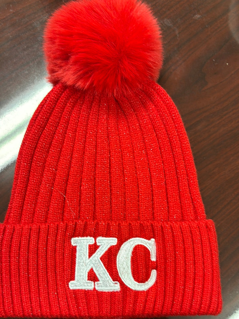 KC Lurex Ribbed Knit Pom Beanie : Red/White