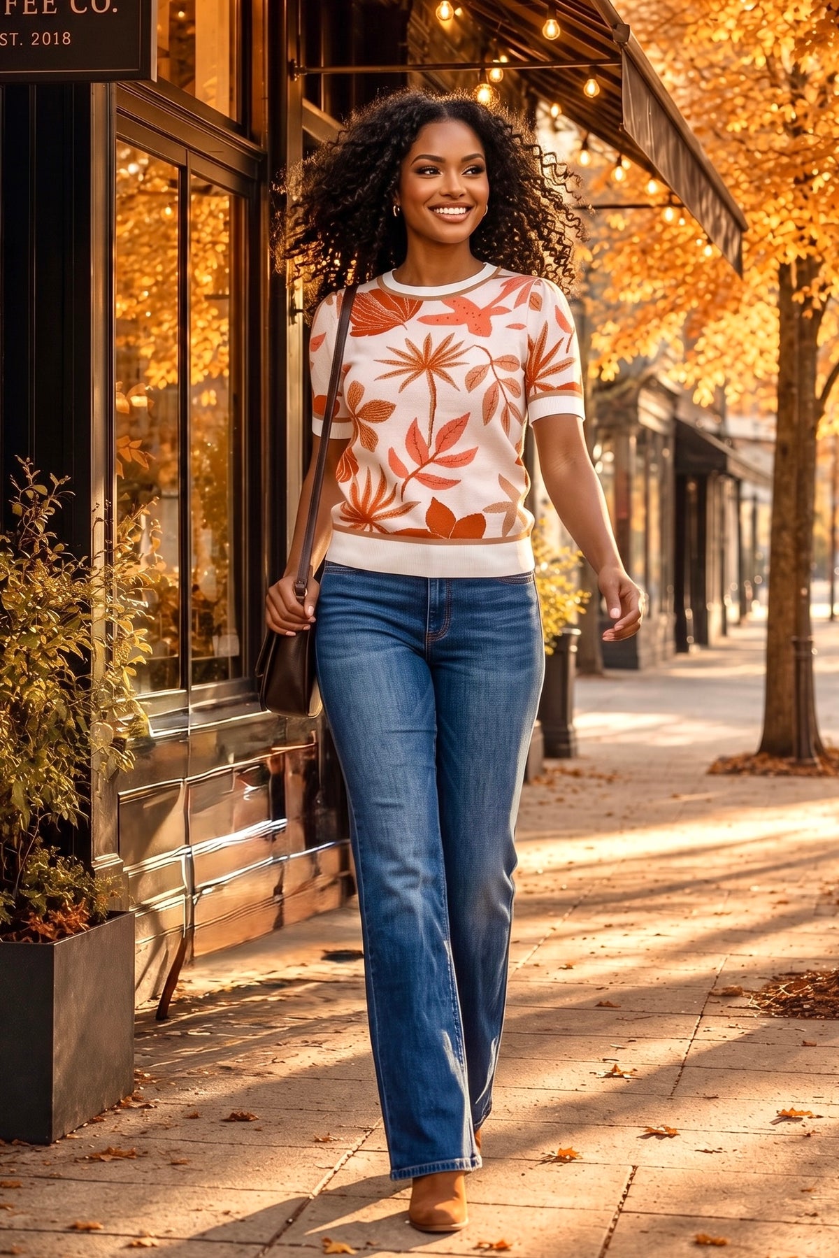 Krista Leaf Pattern Knit Sweater : Cream Multi