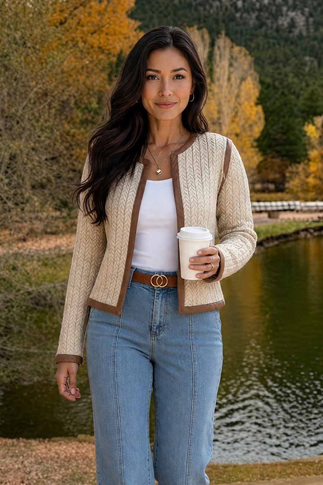 Starla Faux Leather Trim Cable Knit Jacket : Beige