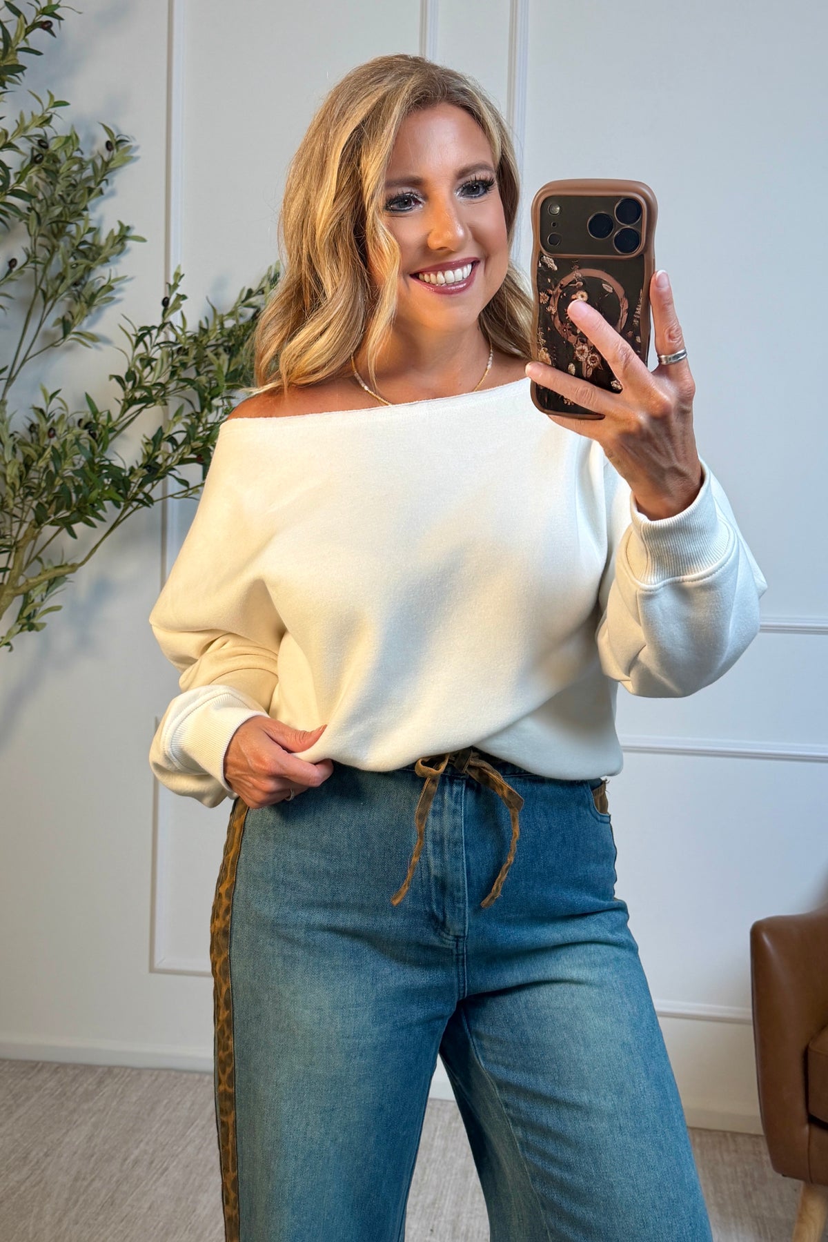 Mabeline Fleece Off Shoulder Top : Bone