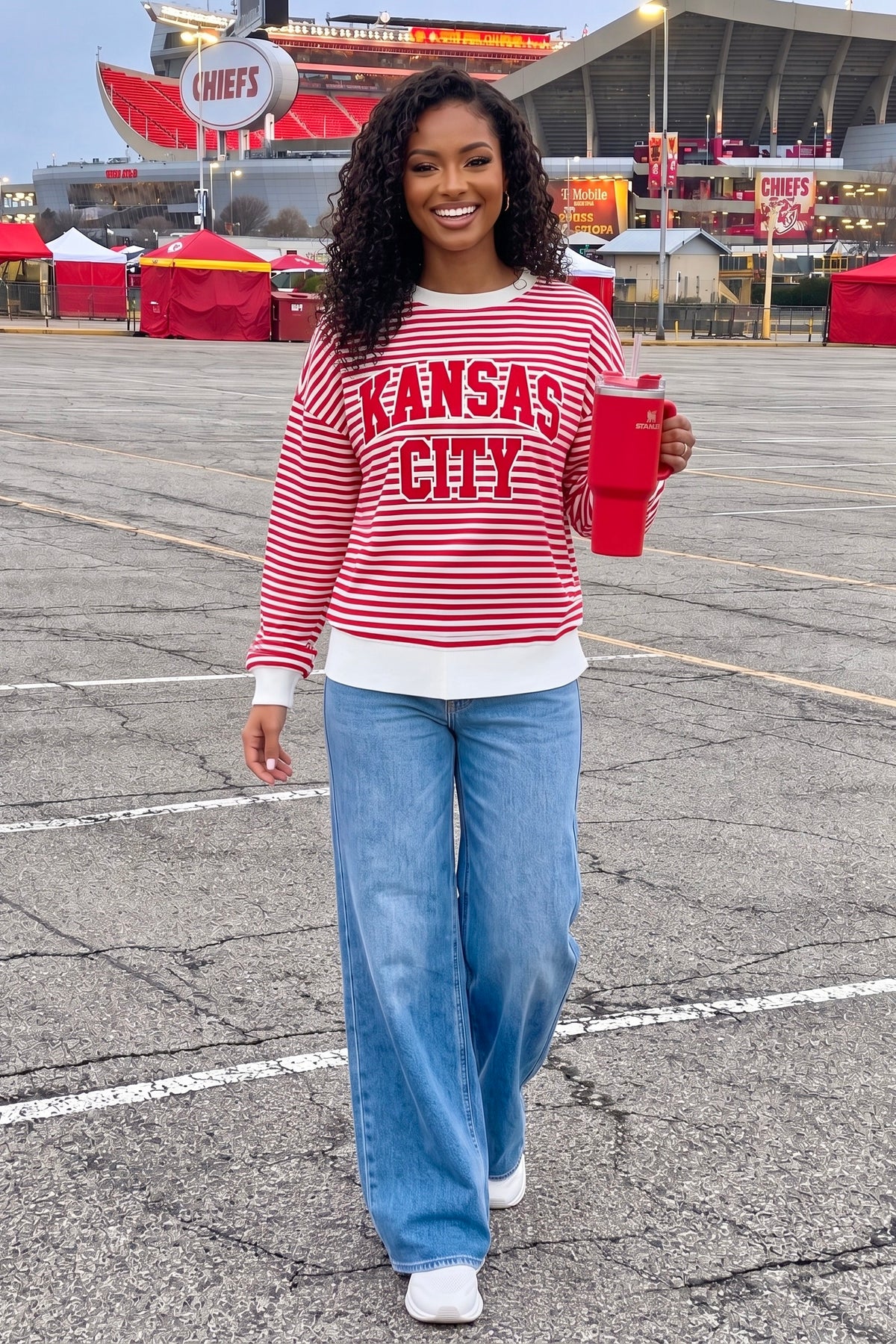 Kansas City Striped Crew Neck Lightweight Sweatshirt : Red
