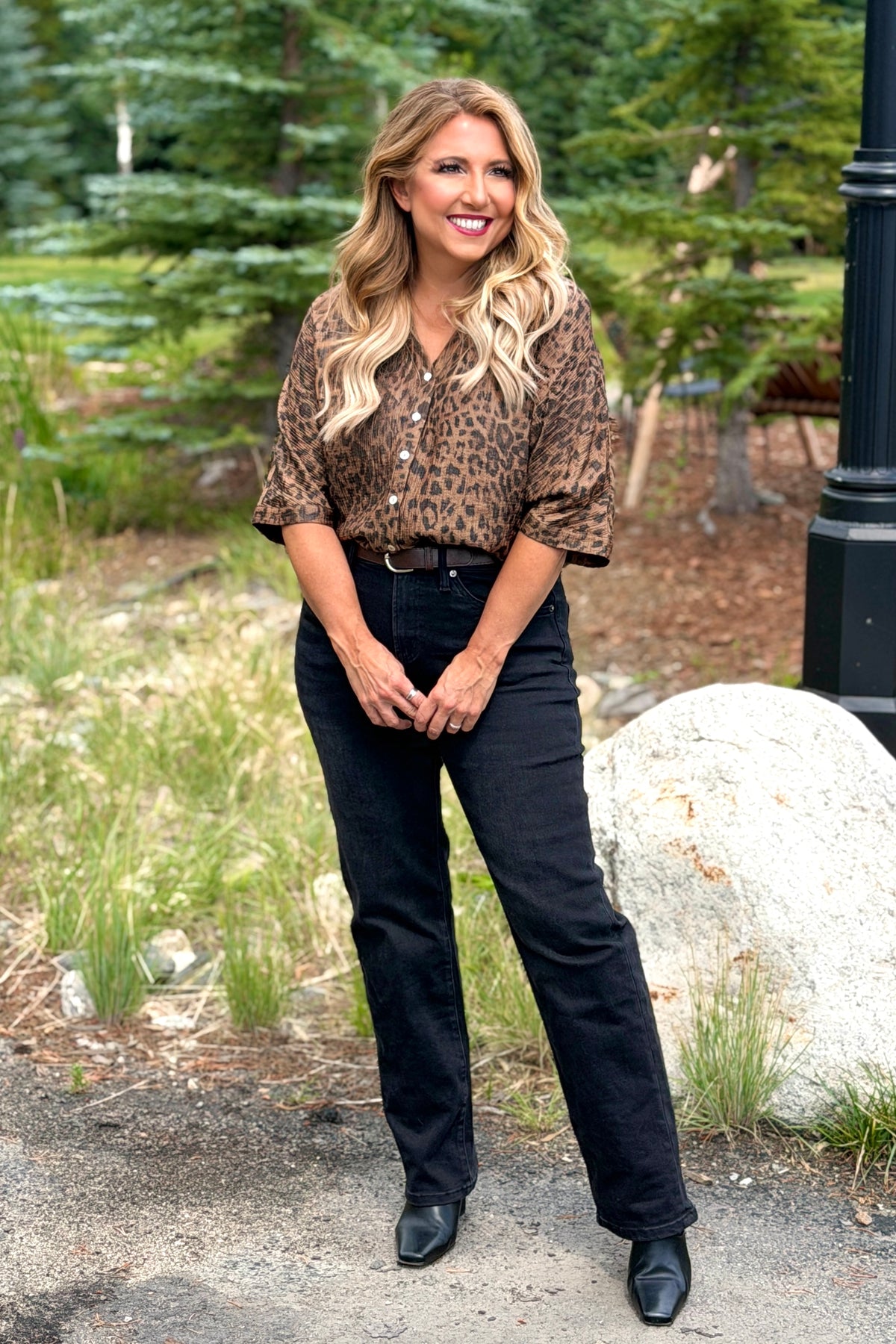 Alanna Button Down Animal Print Top : Brown
