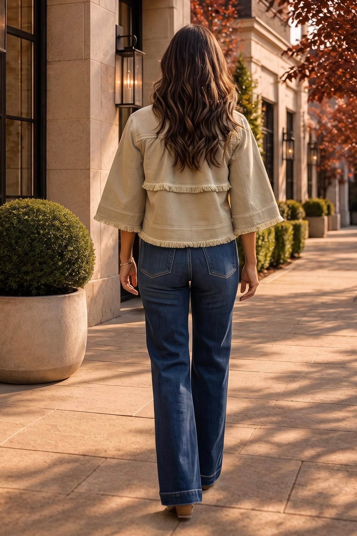 Liverpool Jenesis 3/4 Sleeve Frayed Flounce Jacket : Light Khaki