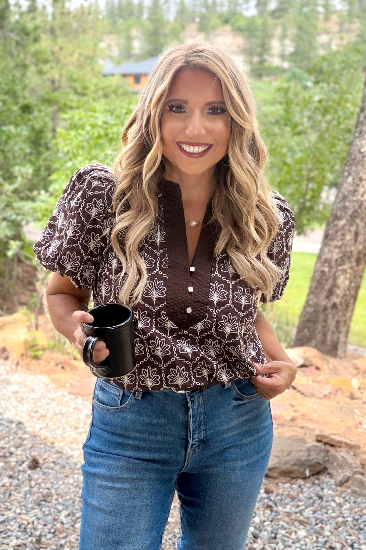 Ayria Embroidered Floral Blouse : Brown
