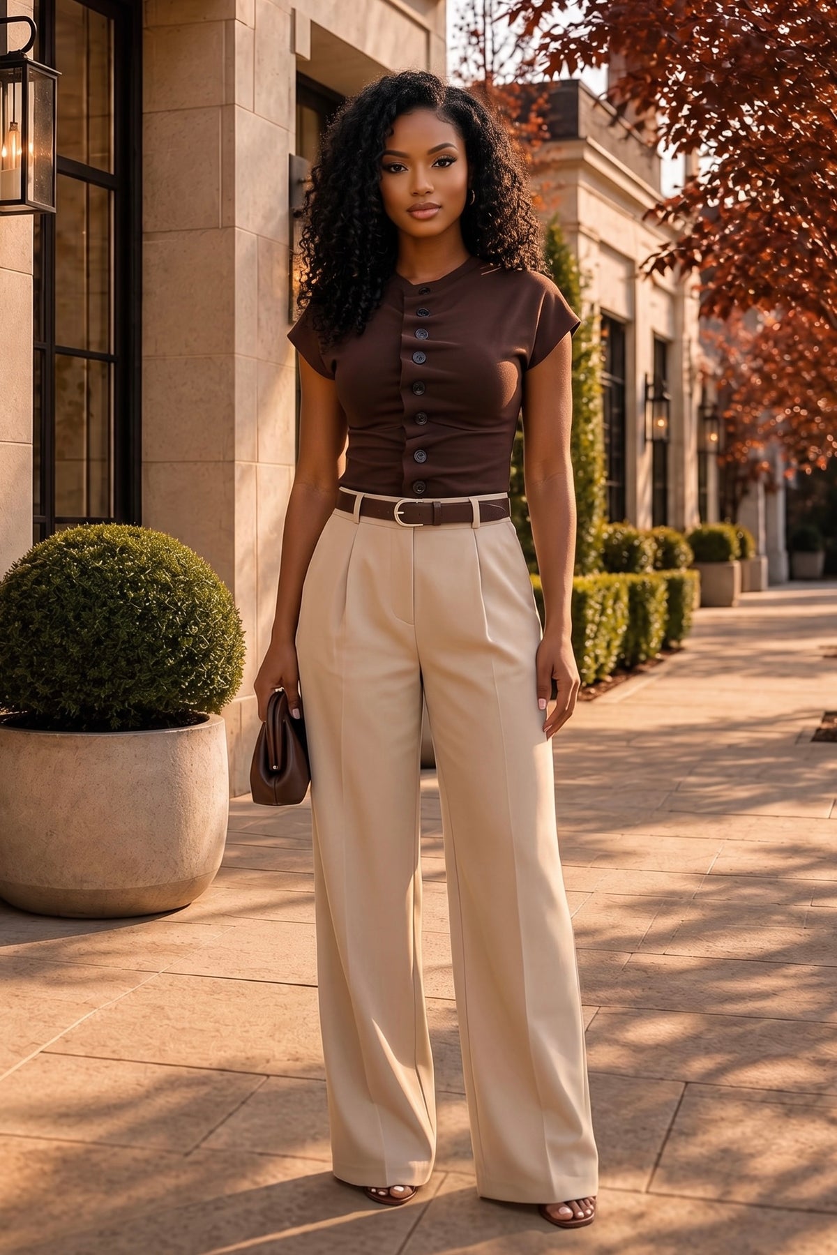 Kavya Button Down Cap Sleeve Top : Brown