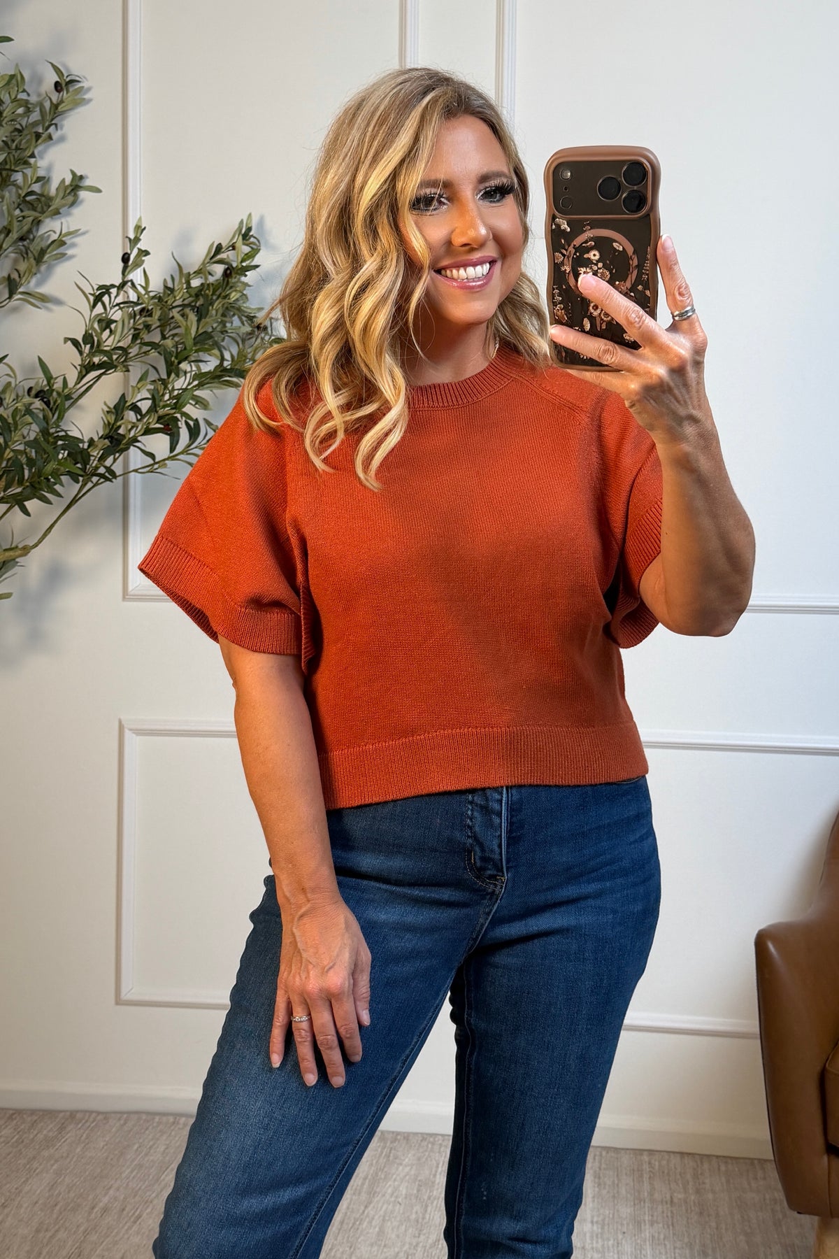 Thessaly Ribbed Trim Relaxed Sweater : Rust