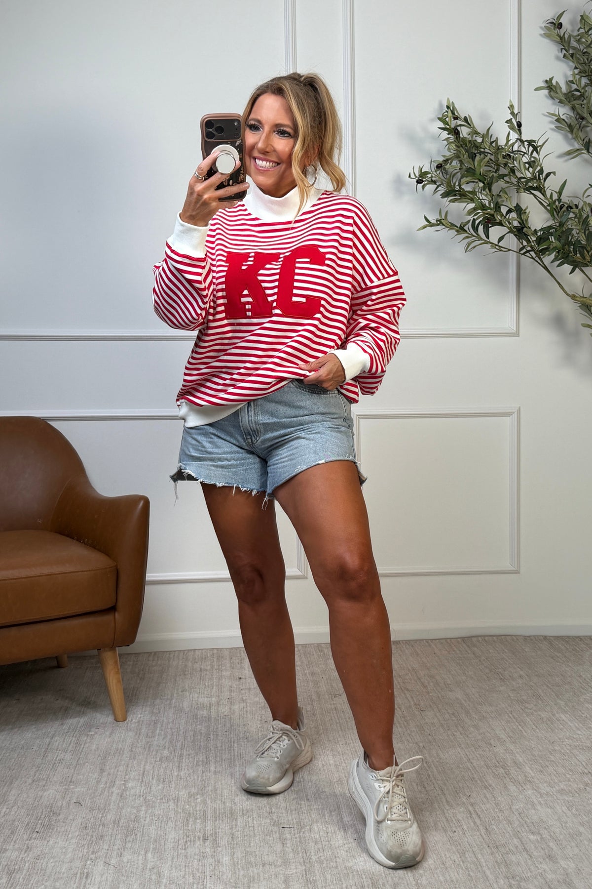 KC Striped Mock Neck Lightweight Sweatshirt : Red