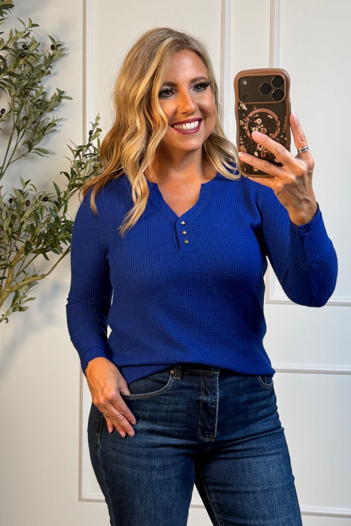 Tribal Skai Waffle Knit Long Sleeve Top : Electric Blue
