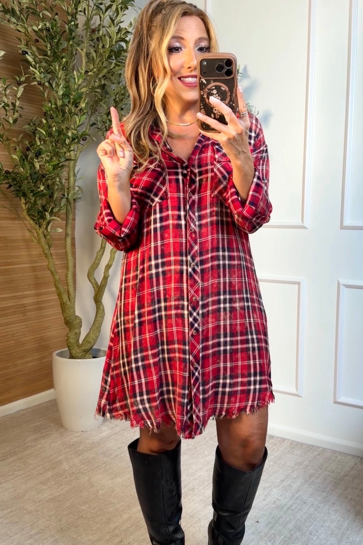 Ravena Washed Plaid Shirt Dress or top: Red
