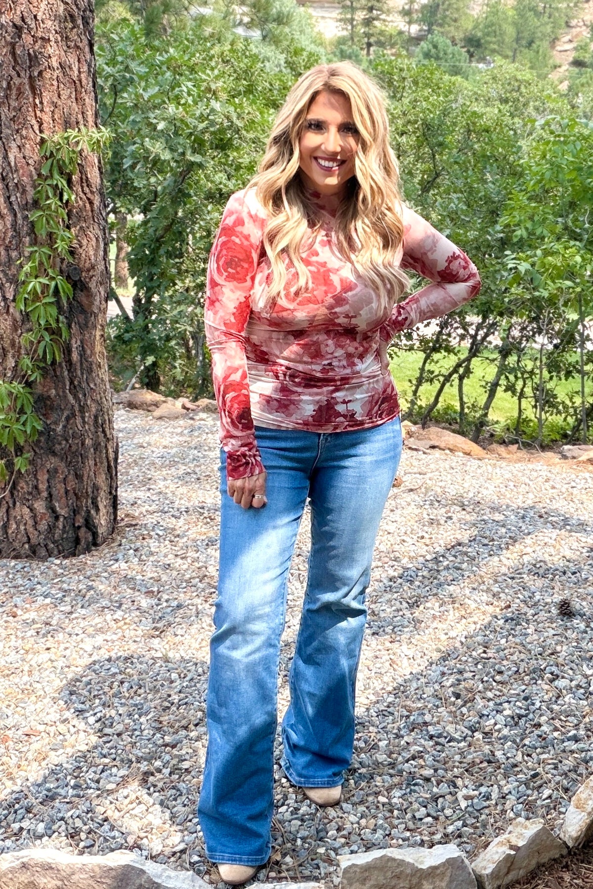 Natalie Long Sleeve Floral Mesh Top : Cream/Red