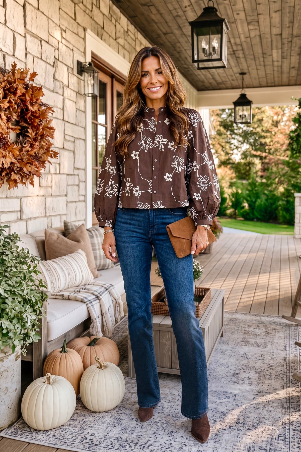 Leonora Floral Button Down Top : Brown