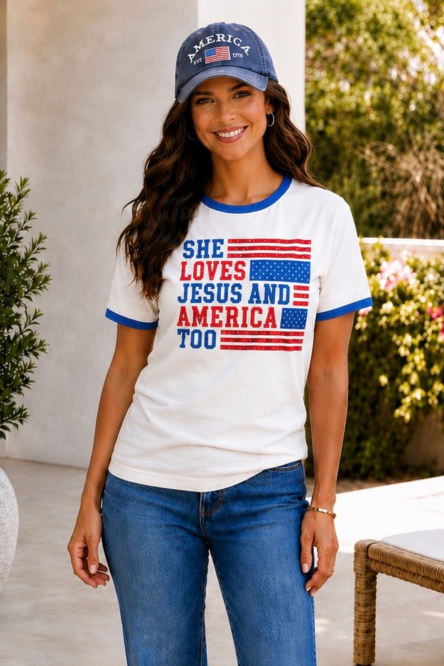 Gracey She Loves Jesus and America Too Graphic Top : Natural