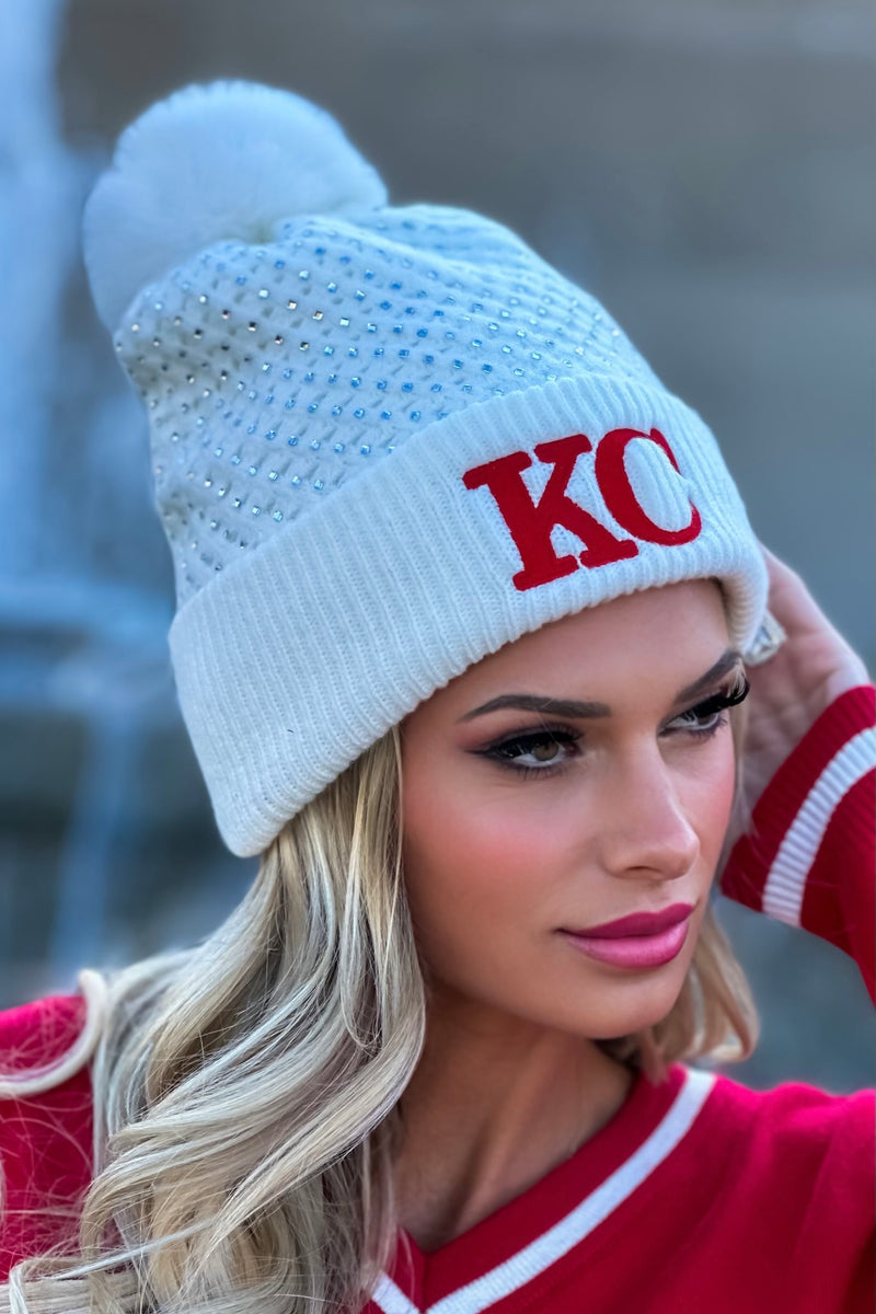 KC CC Rhinestone Fleece Pom Beanie : Ivory/Red