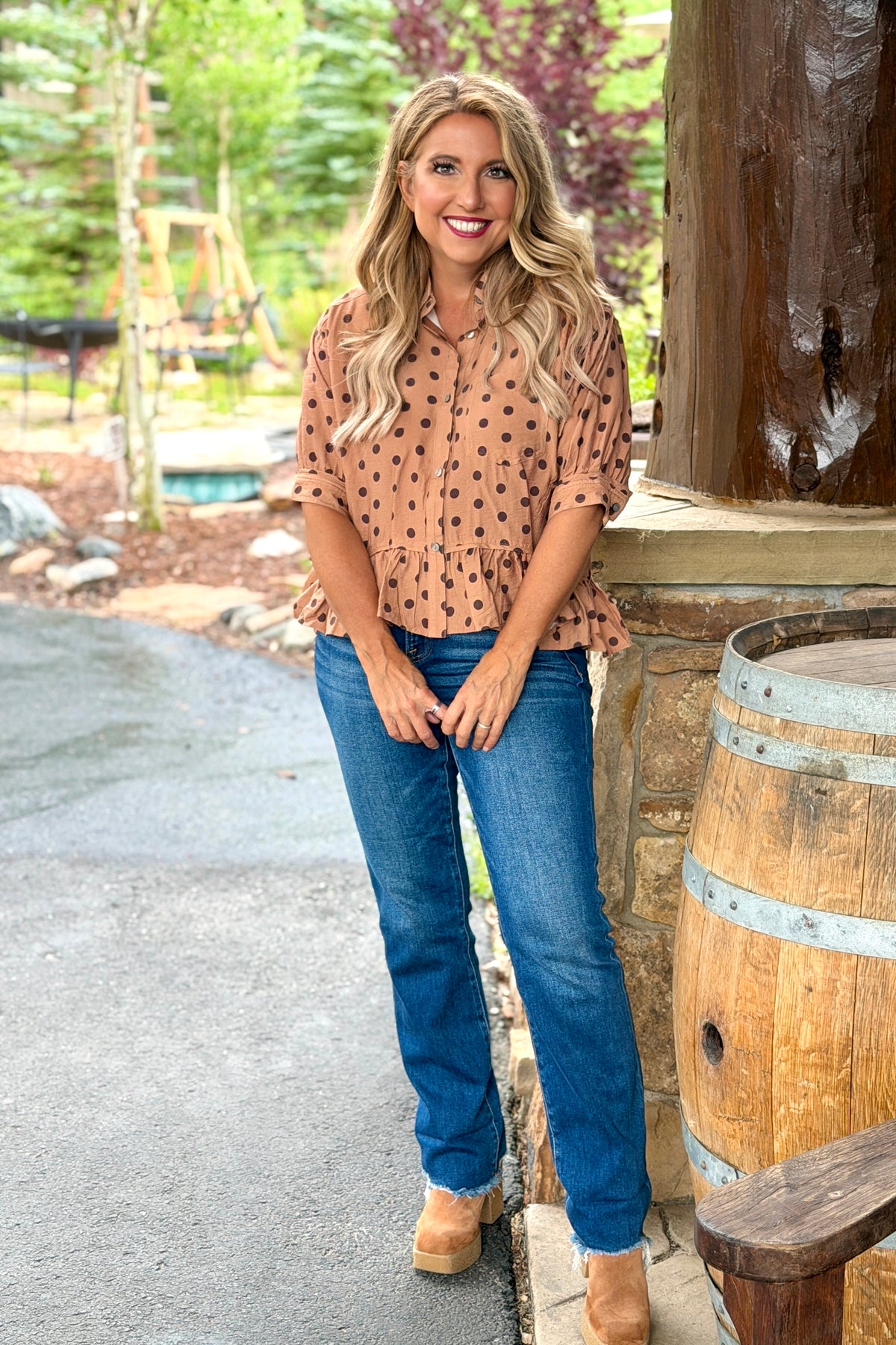 Irma Button Down Spotted Top : Camel