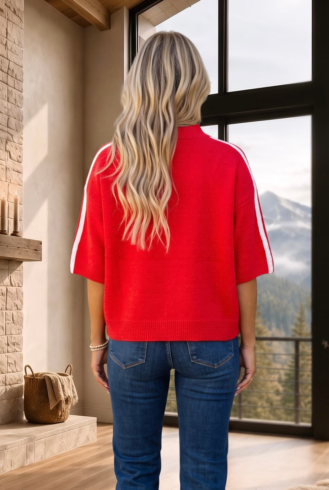 Audra Button Down Sweater Cardigan : Cherry/White