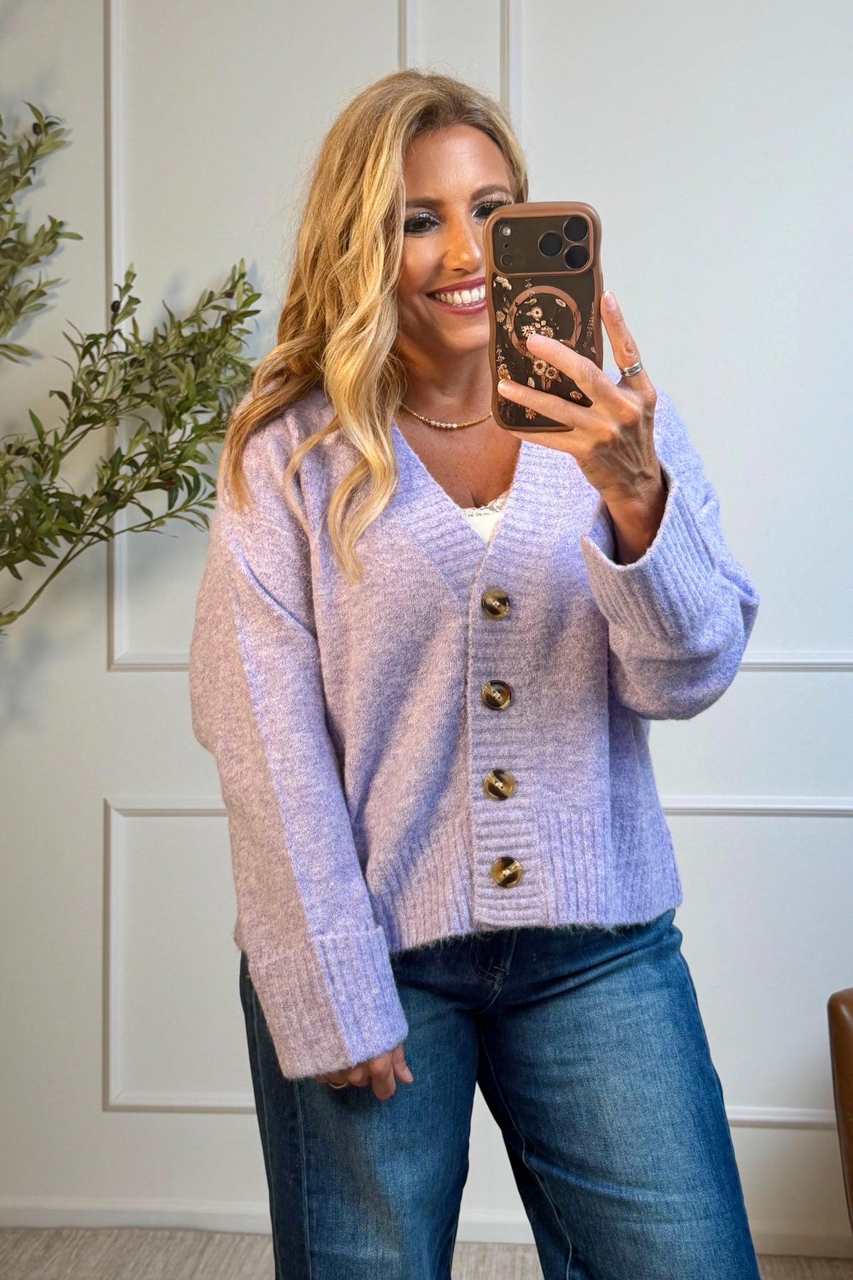 Langley Folded Cuffs Sweater Cardigan : Lavender