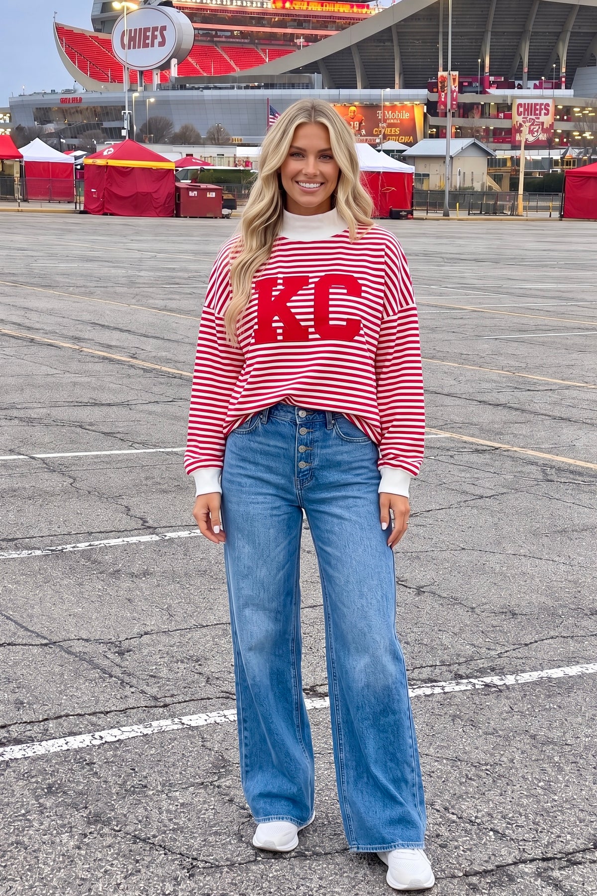 KC Striped Mock Neck Lightweight Sweatshirt : Red