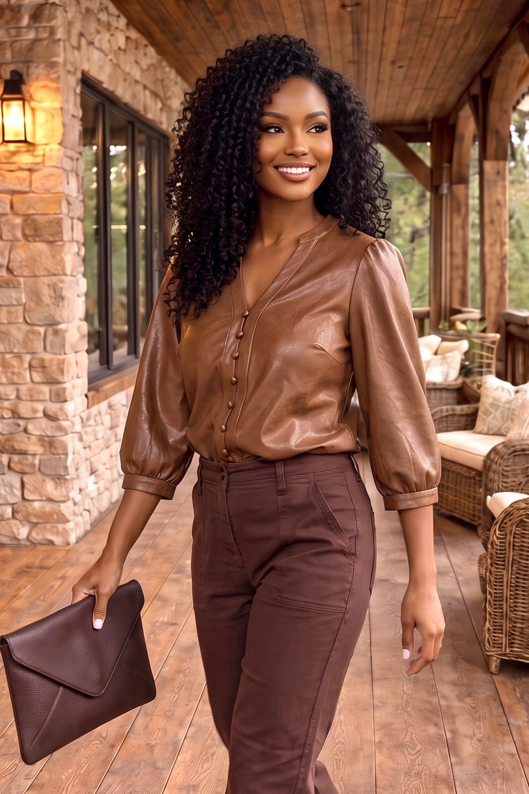 Makenzie SOFT Faux Leather Top : Brown
