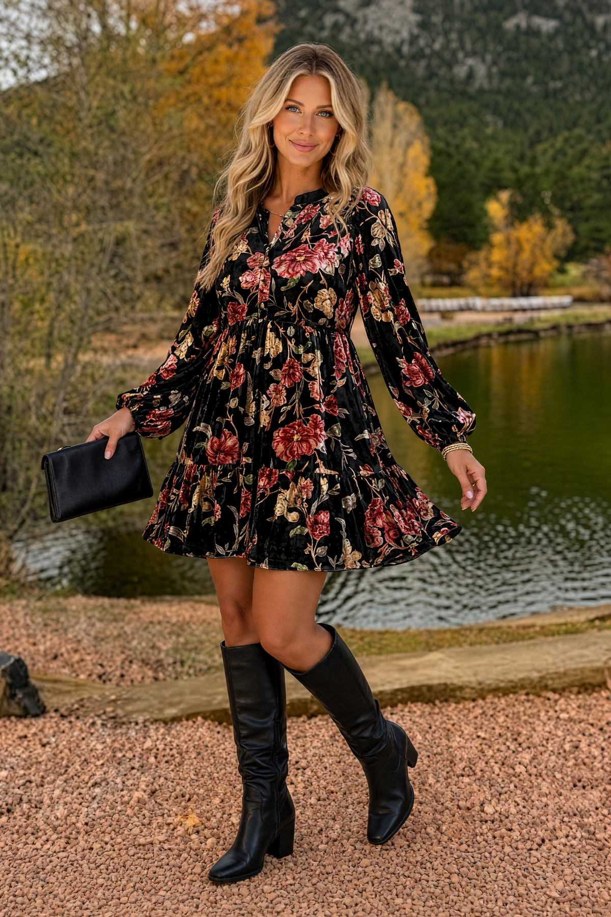 Dulcie Long Cap Sleeve Floral Dress : Black