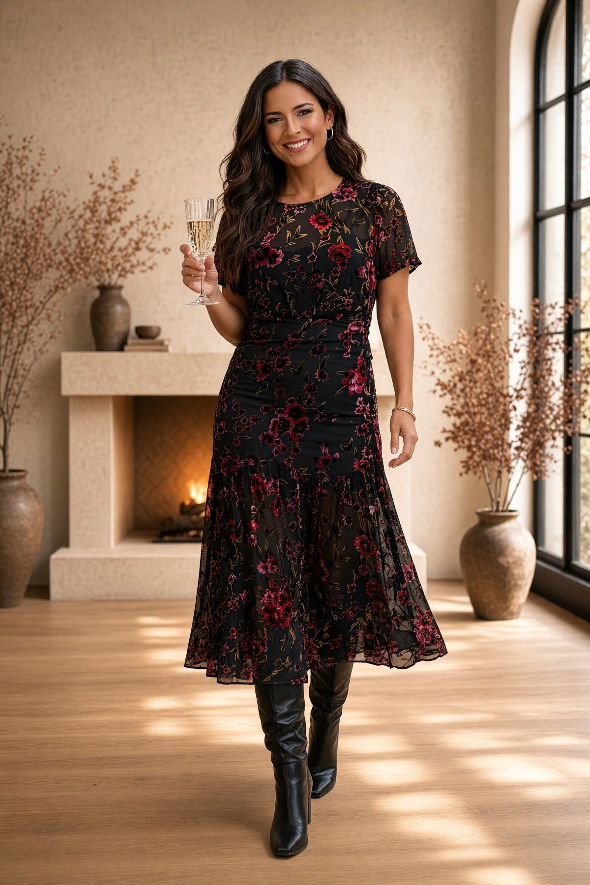 Sterling Floral Velvet Midi Dress : Black Multi