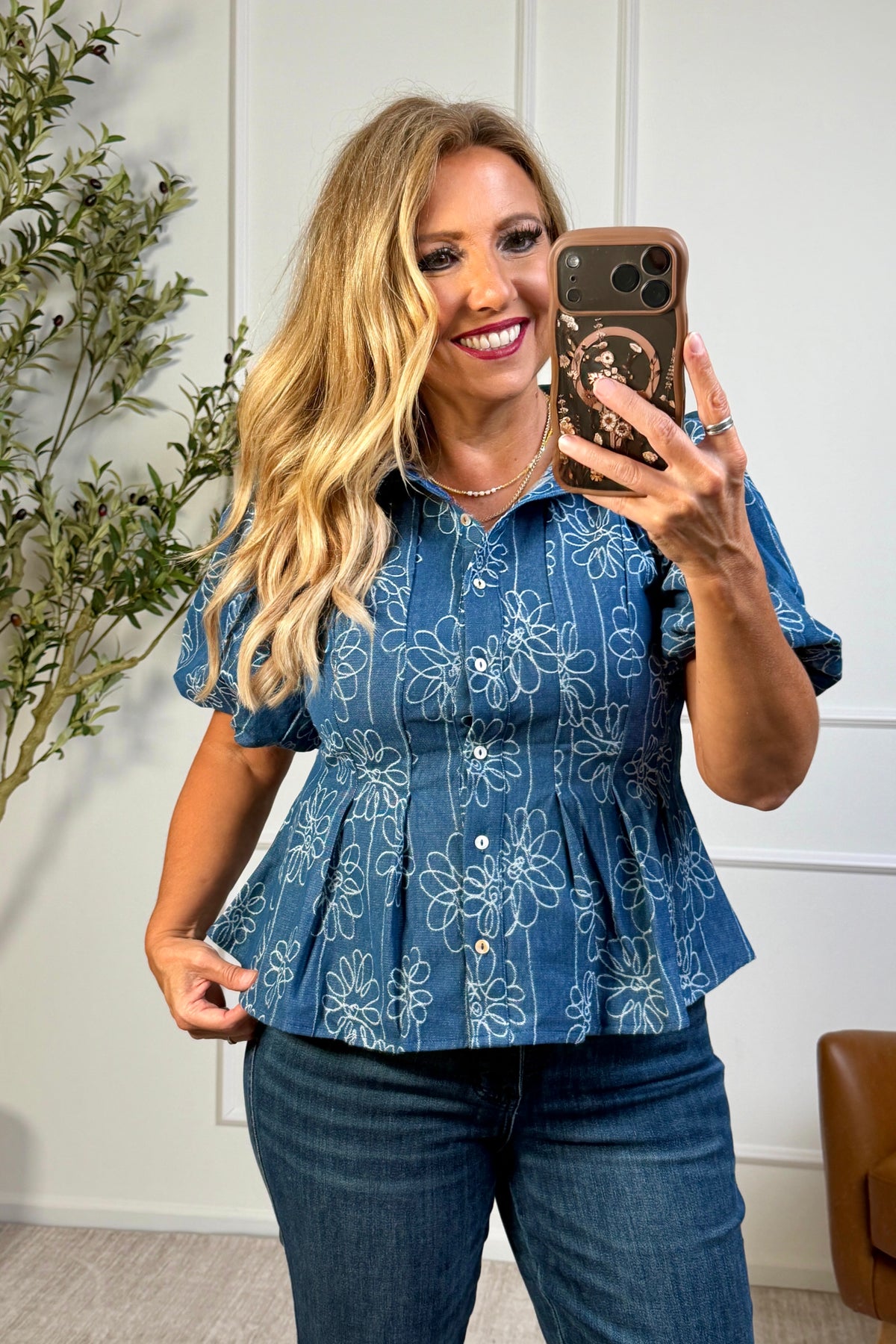 Camellia Floral Embroidered Top : Denim Blue