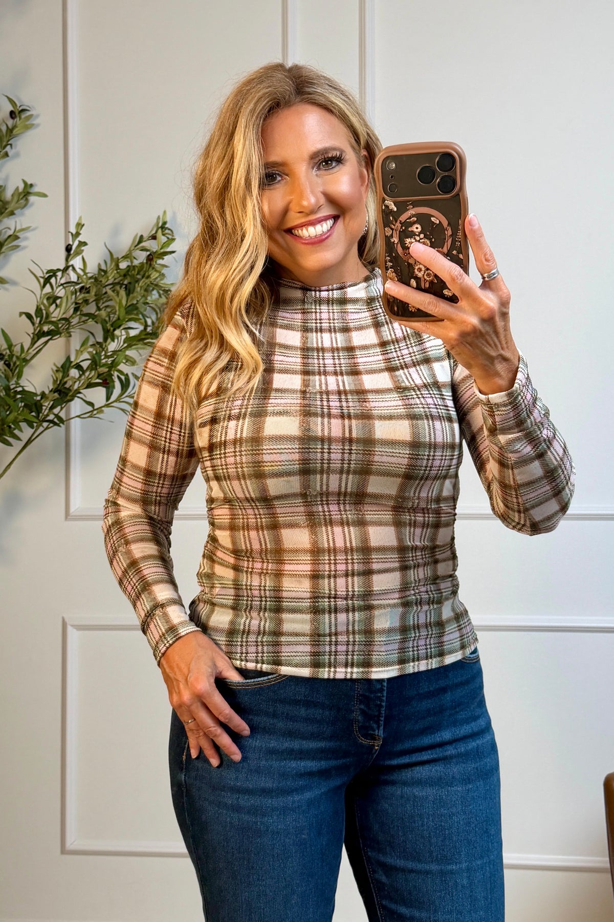 Posie Plaid Mock Neck Mesh Top : Stone