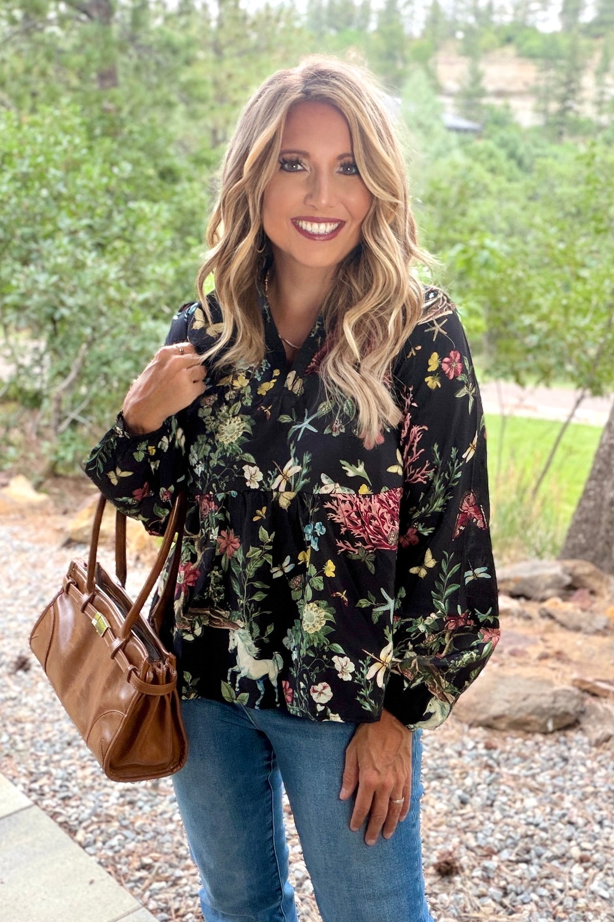 Malayah High Neck Band V-Neck Floral Printed Top : Black Multi