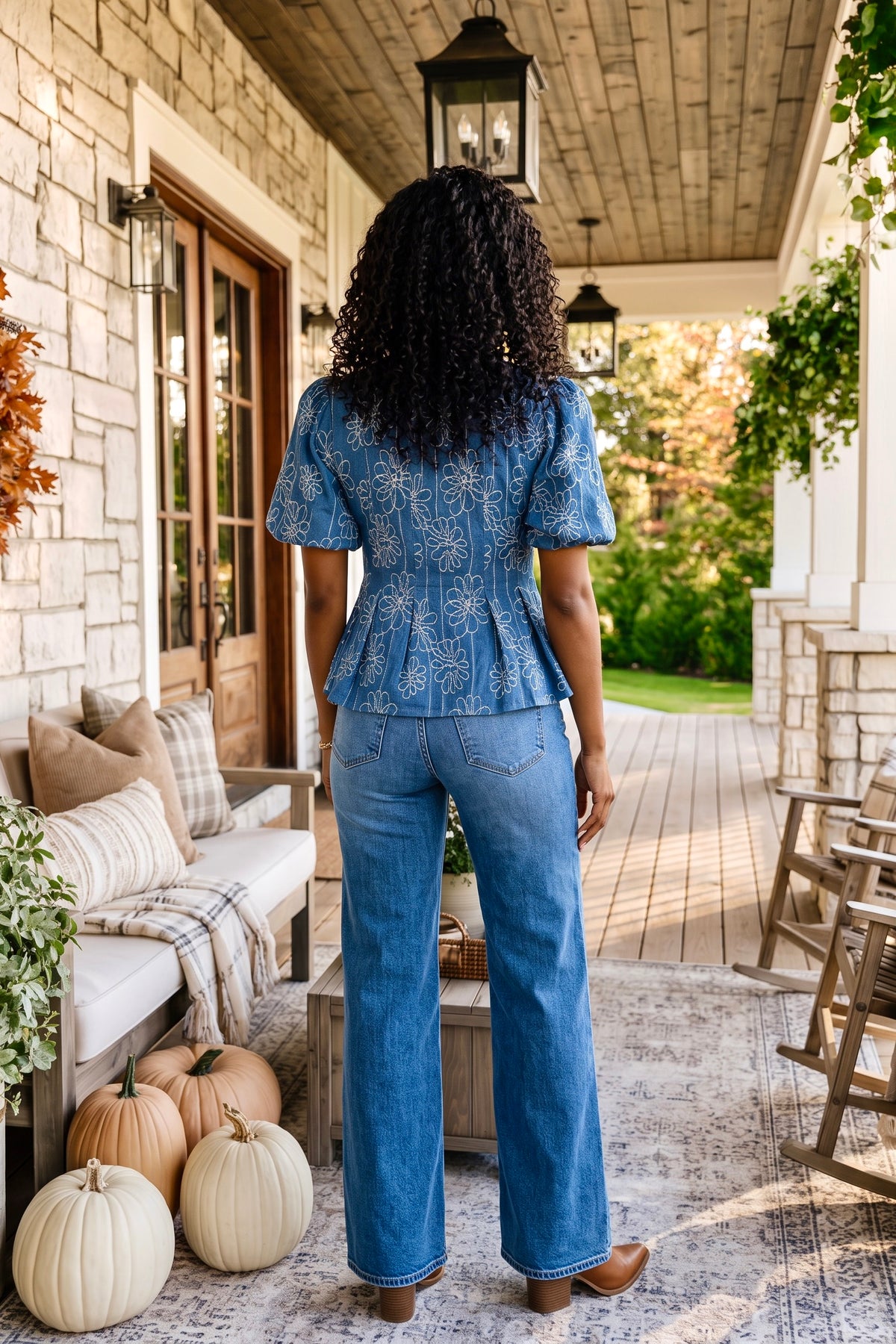 Camellia Floral Embroidered Top : Denim Blue