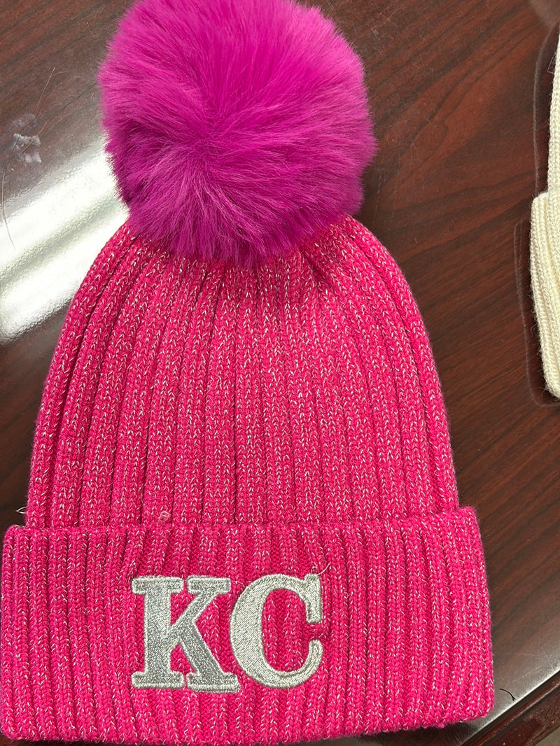 KC Lurex Ribbed Knit Pom Beanie : Hot Pink/Silver