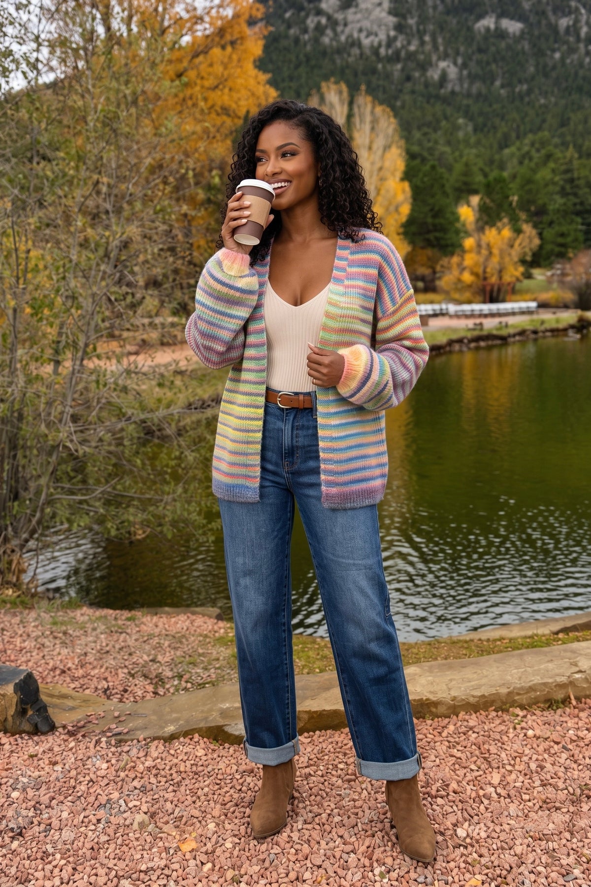 Georgette Striped Open Front Sweater Cardigan : Rainbow