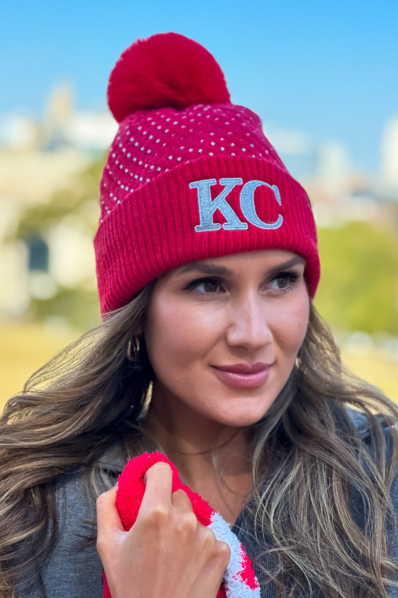 KC Rhinestone Fleece Lined Pom Beanie : Red/Silver