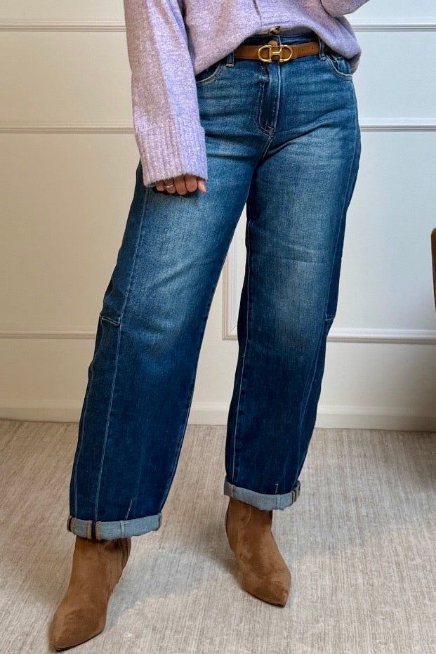 Risen Morley High Rise Barrel Cuffed Jeans : Dark