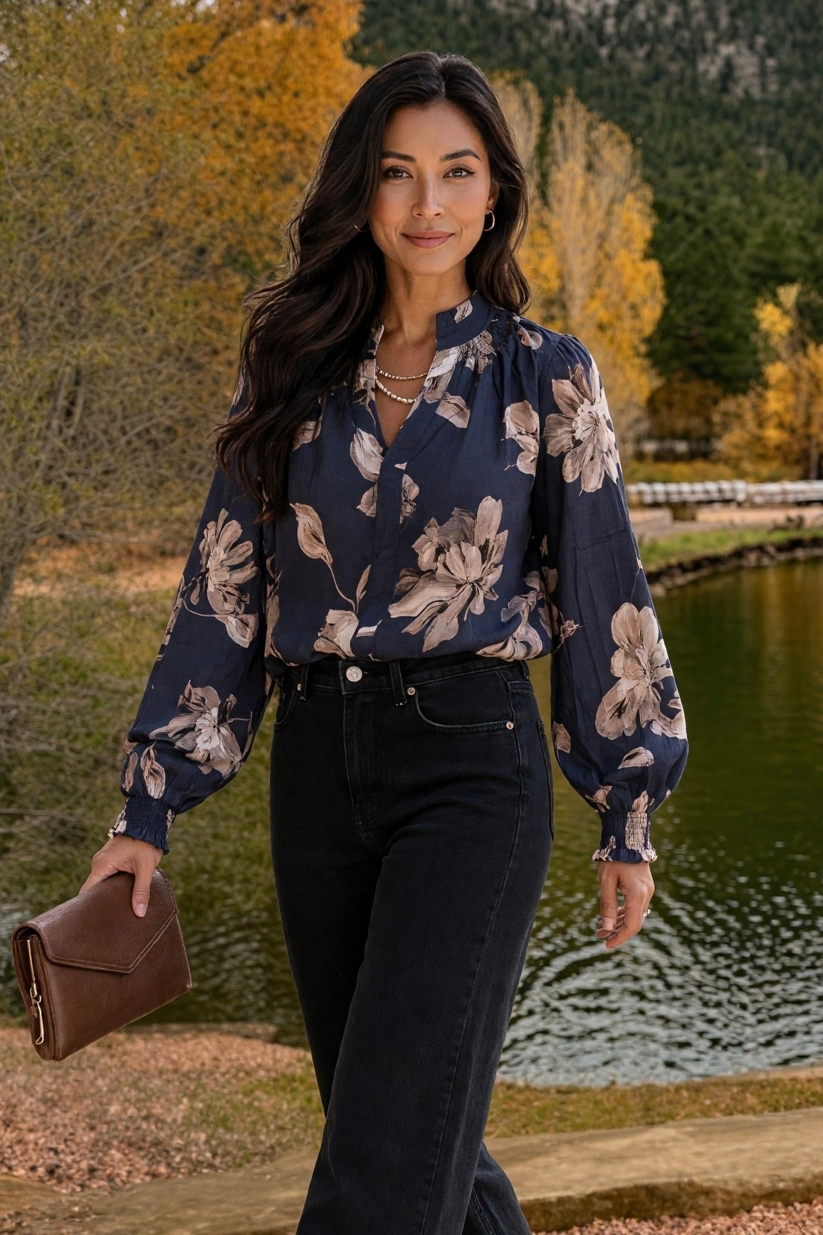 Honora Floral V-Neck Top : Navy Multi