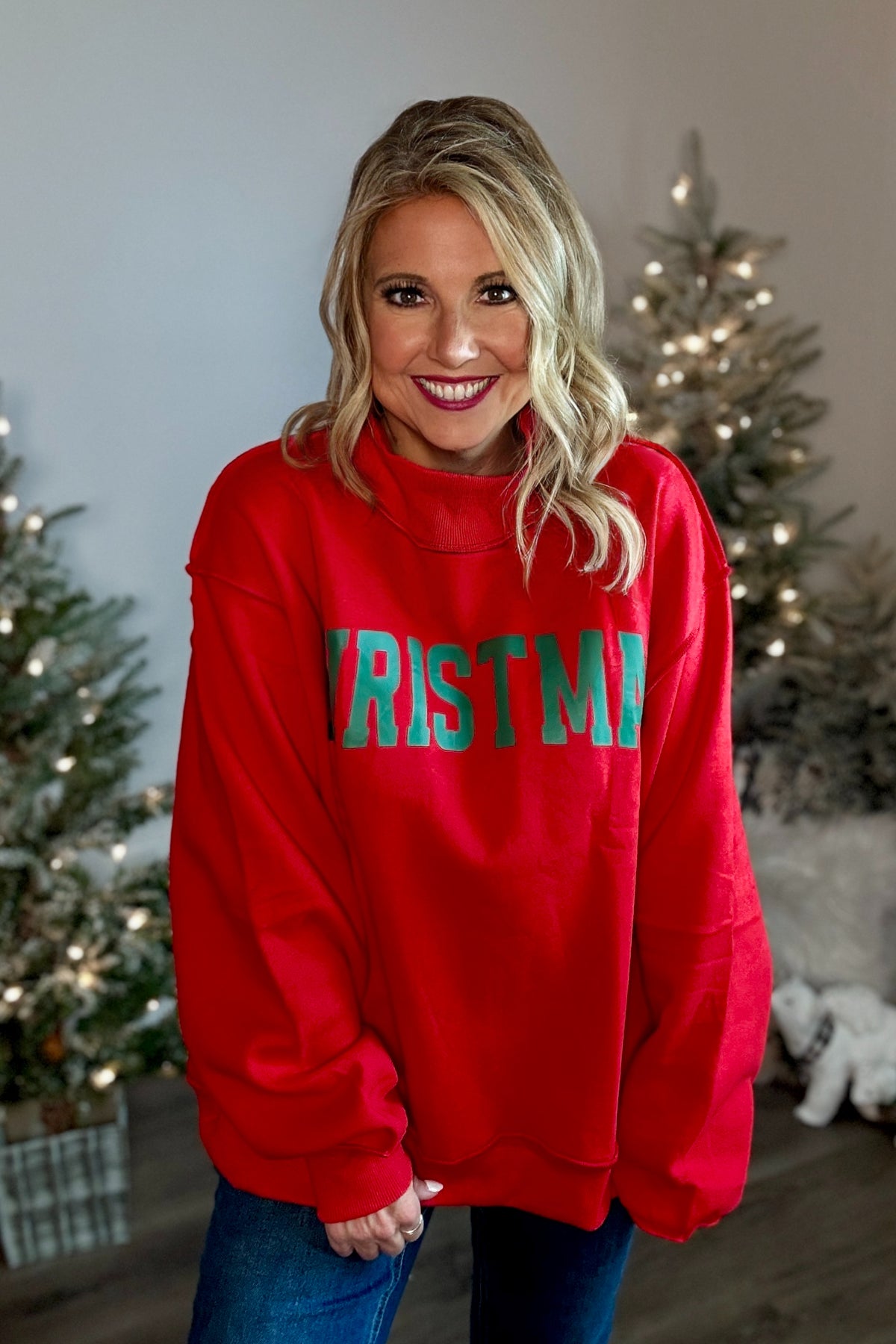 Belle Oversized Mock Neck Christmas Pullover : Red