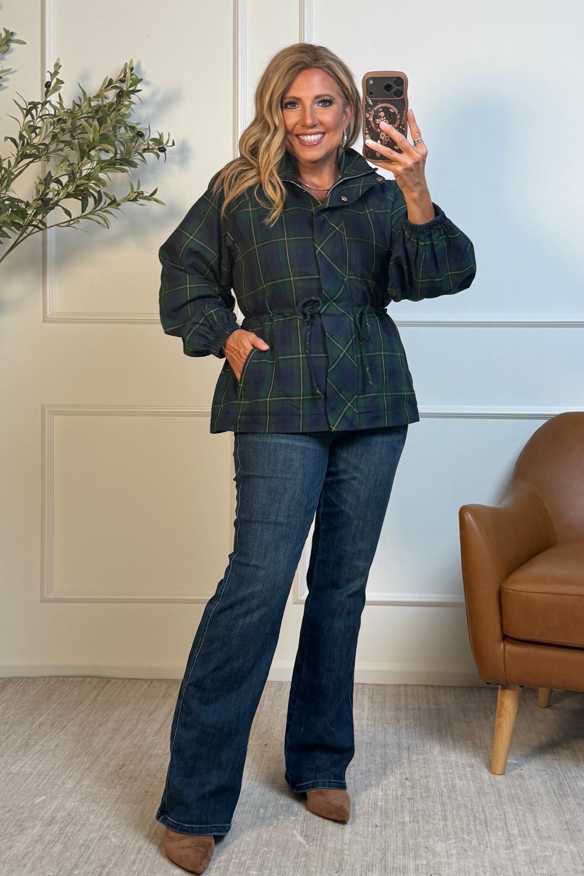 Lenore Zip Front Plaid Jacket : Green/Navy