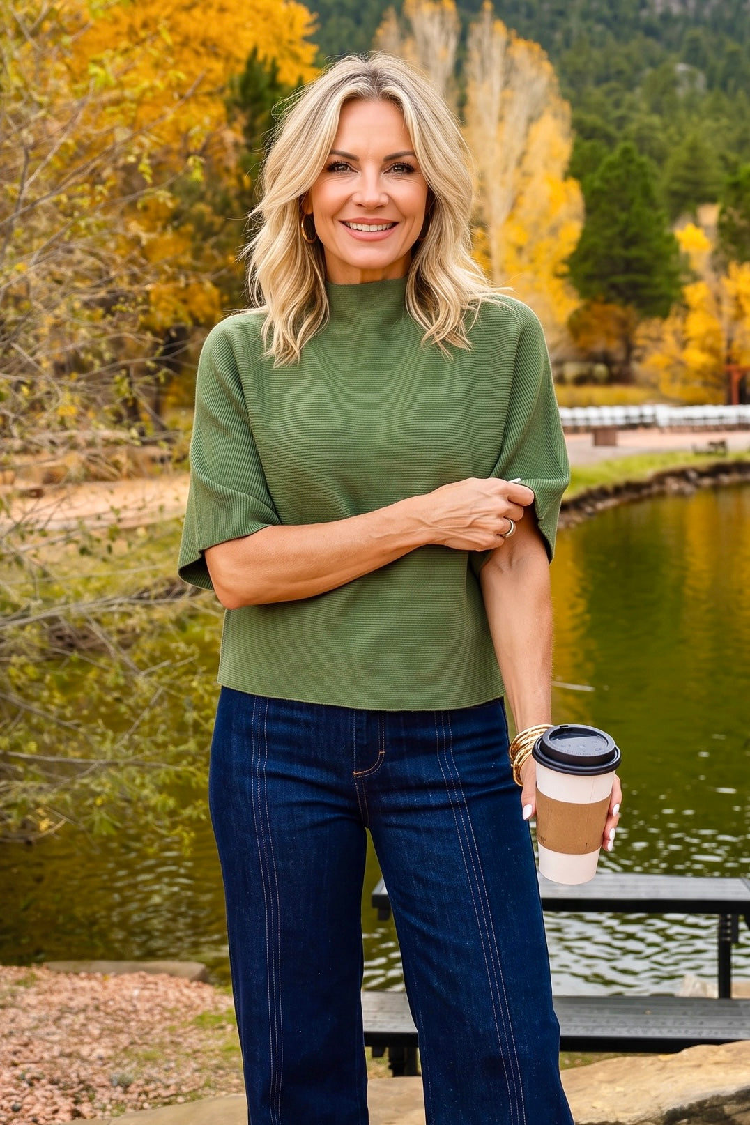 Moara Short Sleeve Turtle Neck Top : Olive