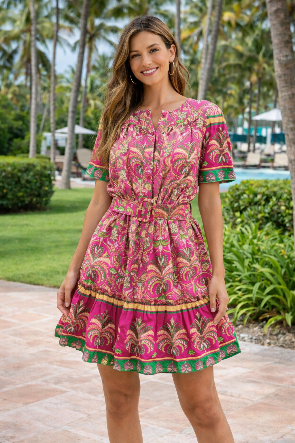 Kaliyah Botanical Border Print Button Down Dress with Belt : Magenta Multi