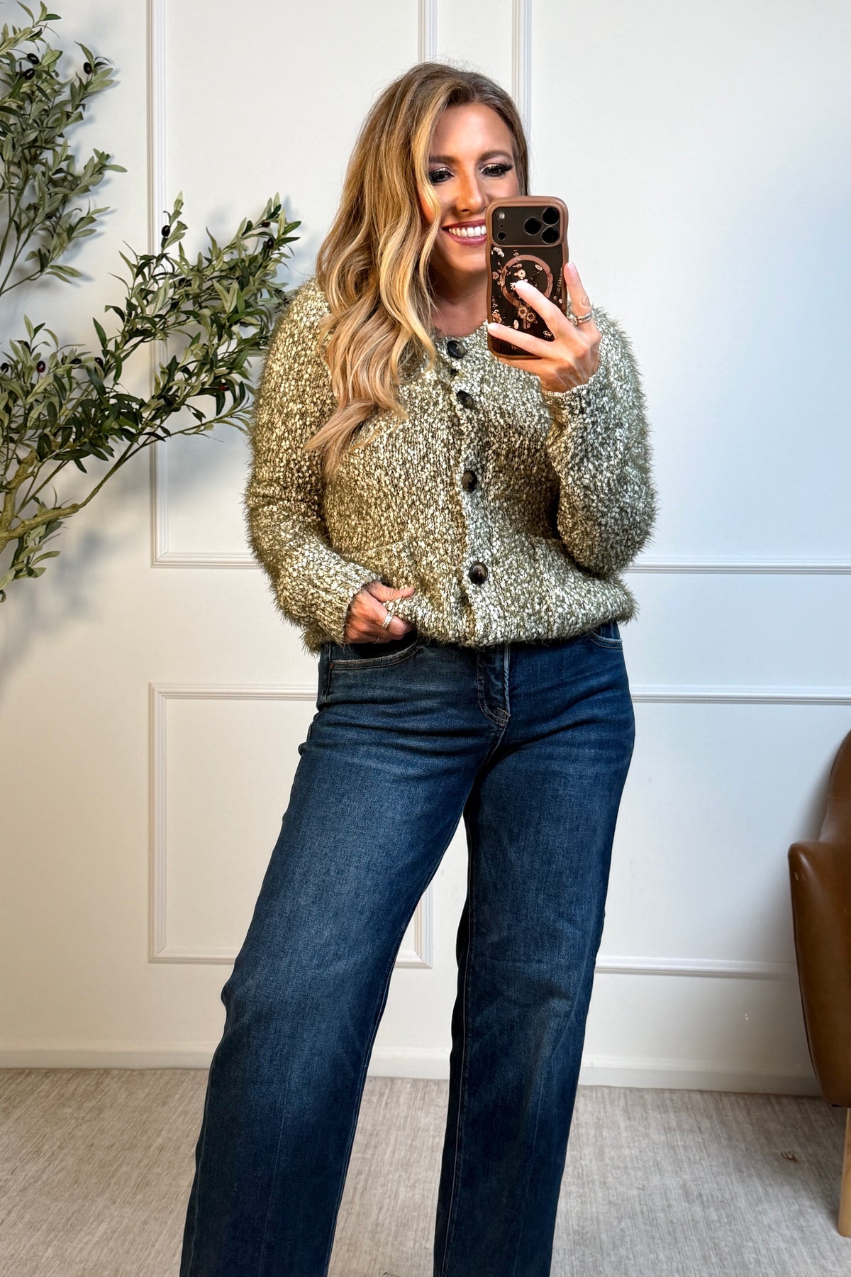 Tribal Shania Crew Neck Sweater Cardigan : Basil