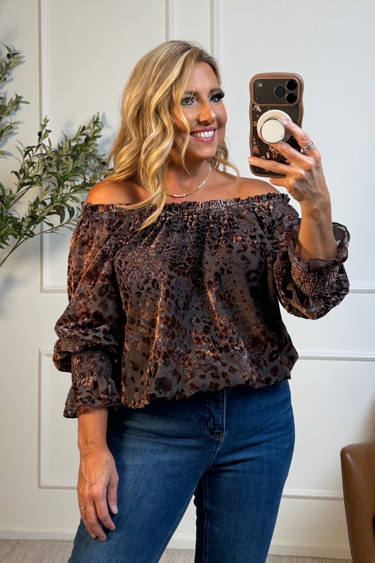 Trudy Velvet Off the Shoulder Blouse : Leopard Charcoal